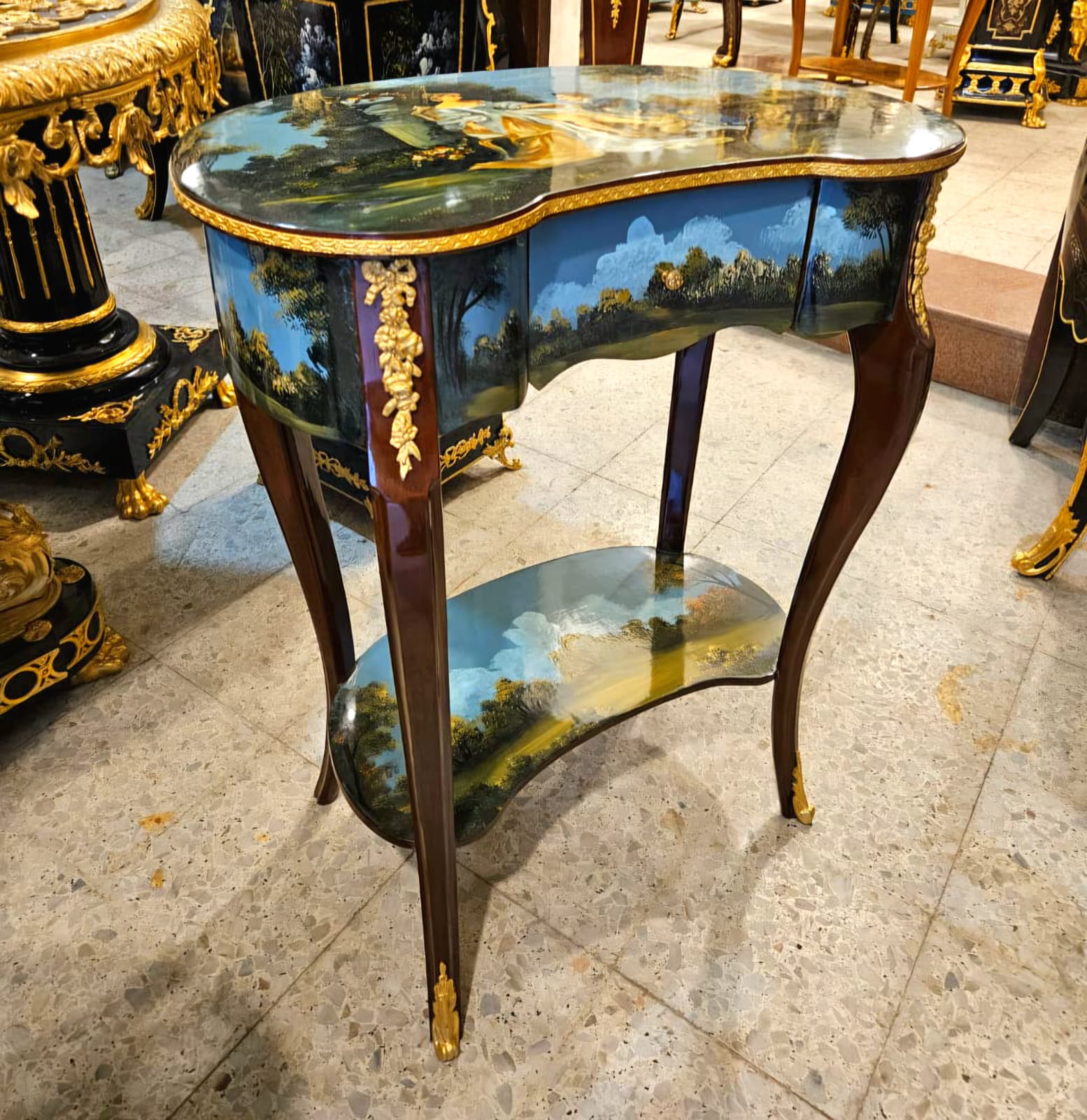 Hand-Painted French Louis XV Side Table with Romantic Scenic Artwork, Gold Leaf & Bronze Mounts