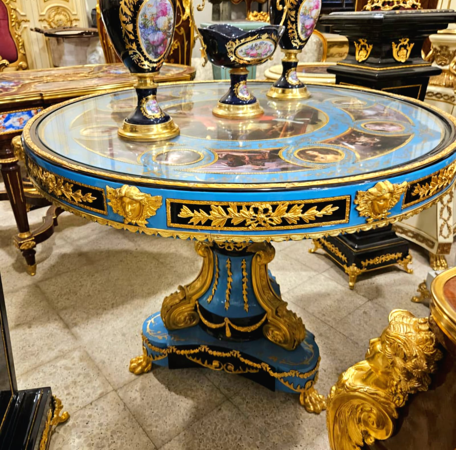 Grand French Empire Sky Blue Round Dining Table with Gold Leaf, Bronze Mounts & Glass-Protected Artistic Top