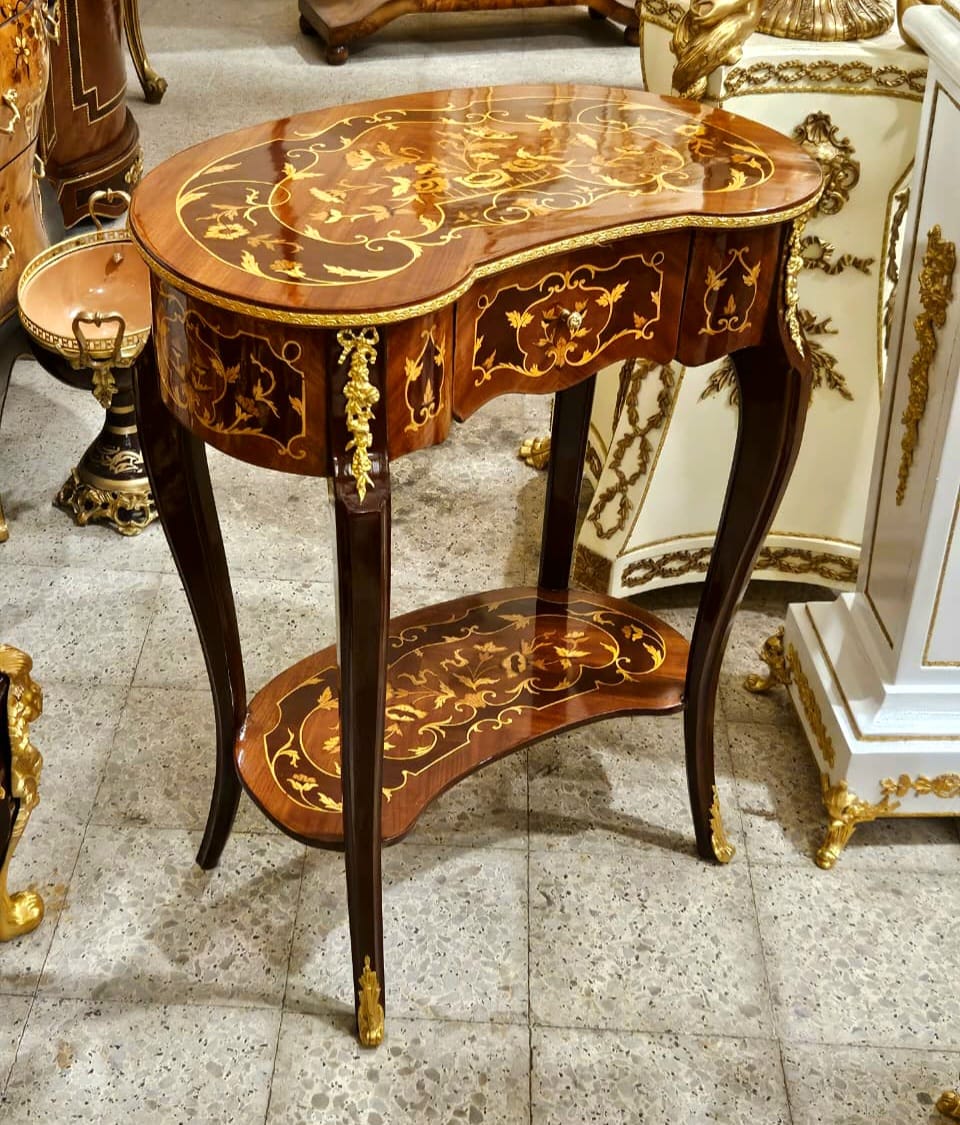 Elegant Louis XV Accent Side Table with Floral Marquetry & Gold Leaf Accents