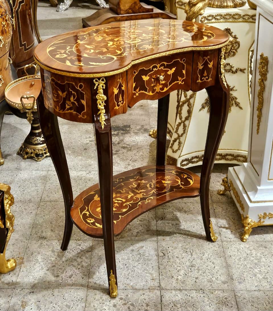 Elegant Louis XV Accent Side Table with Floral Marquetry & Gold Leaf Accents