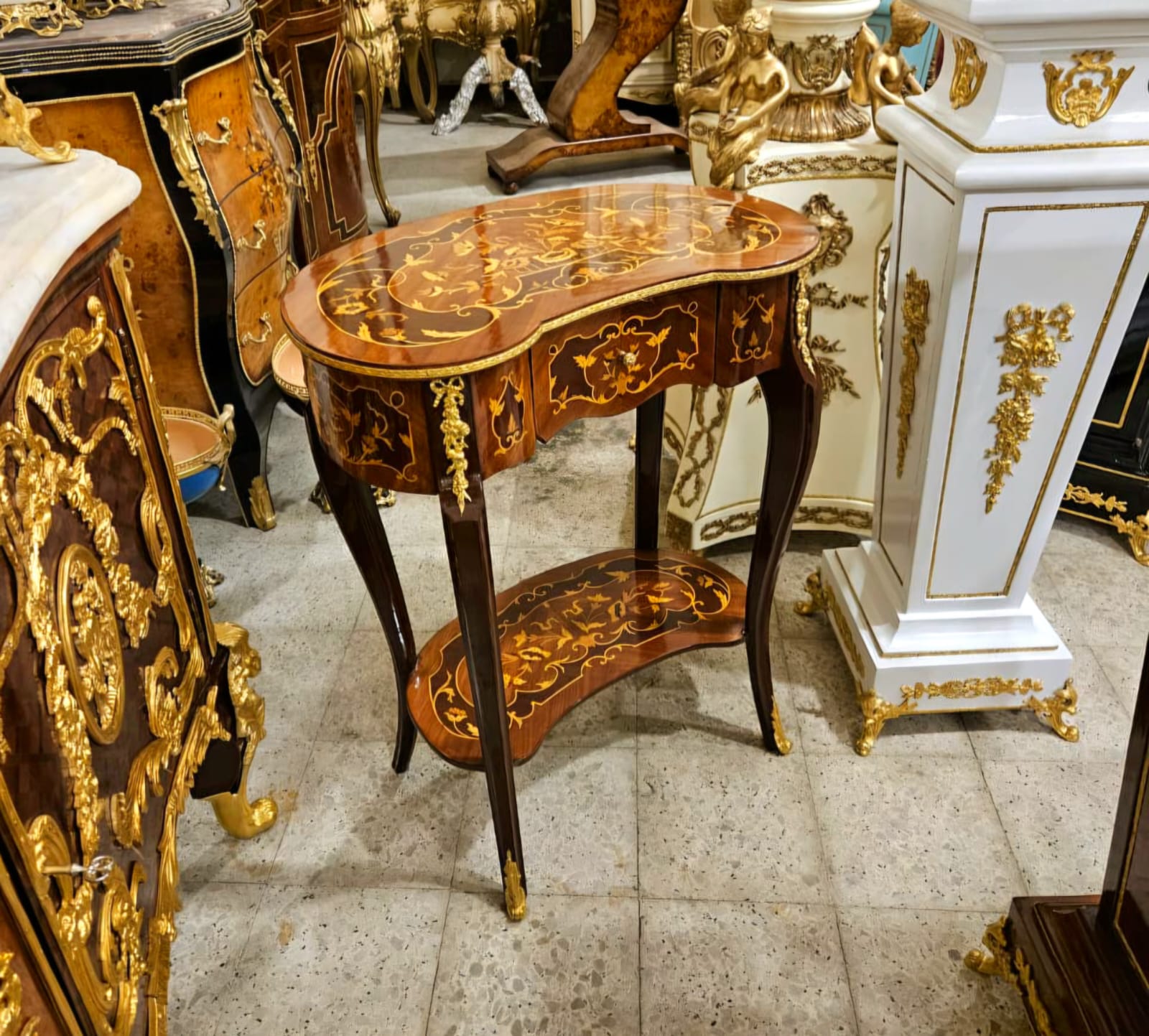 Elegant Louis XV Accent Side Table with Floral Marquetry & Gold Leaf Accents