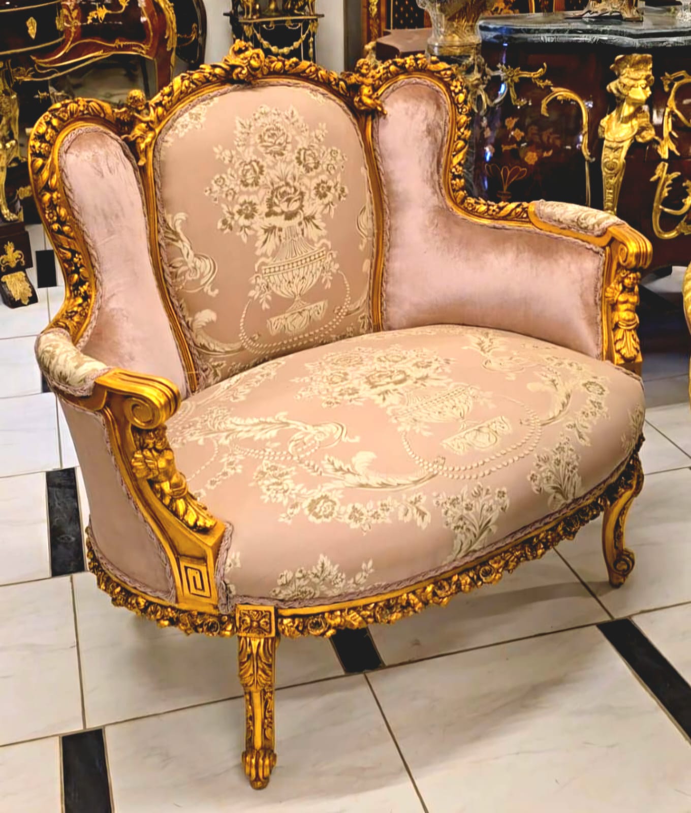 French Louis XV Loveseat Sofa with Gold Leaf Frame & Pink Damask Upholstery