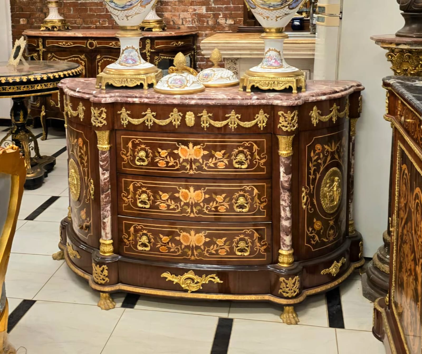 Monumental French Empire Bombe Commode with Marble Top, Floral Marquetry, Bronze Mounts & Gold Leaf Accents