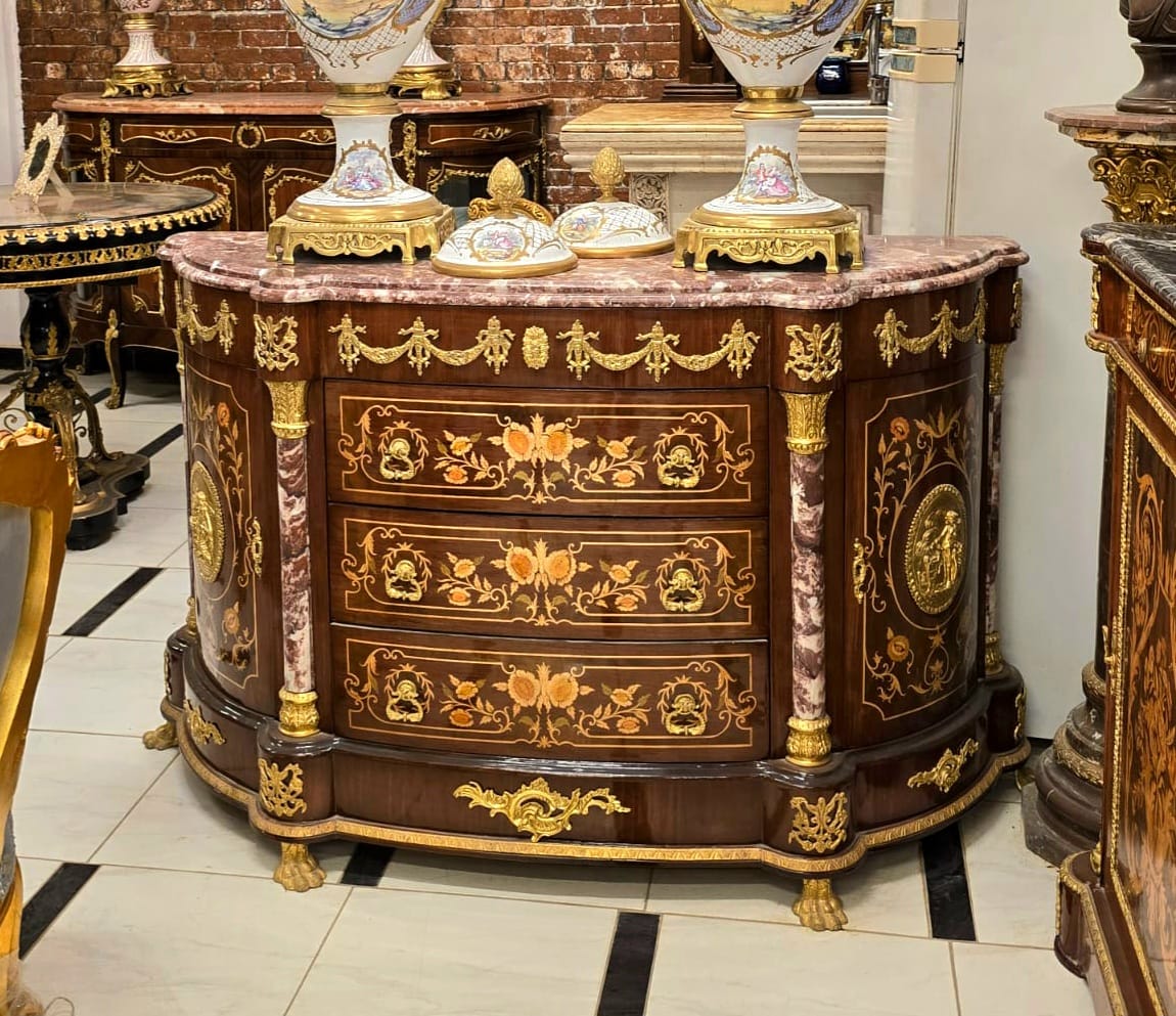 Monumental French Empire Bombe Commode with Marble Top, Floral Marquetry, Bronze Mounts & Gold Leaf Accents