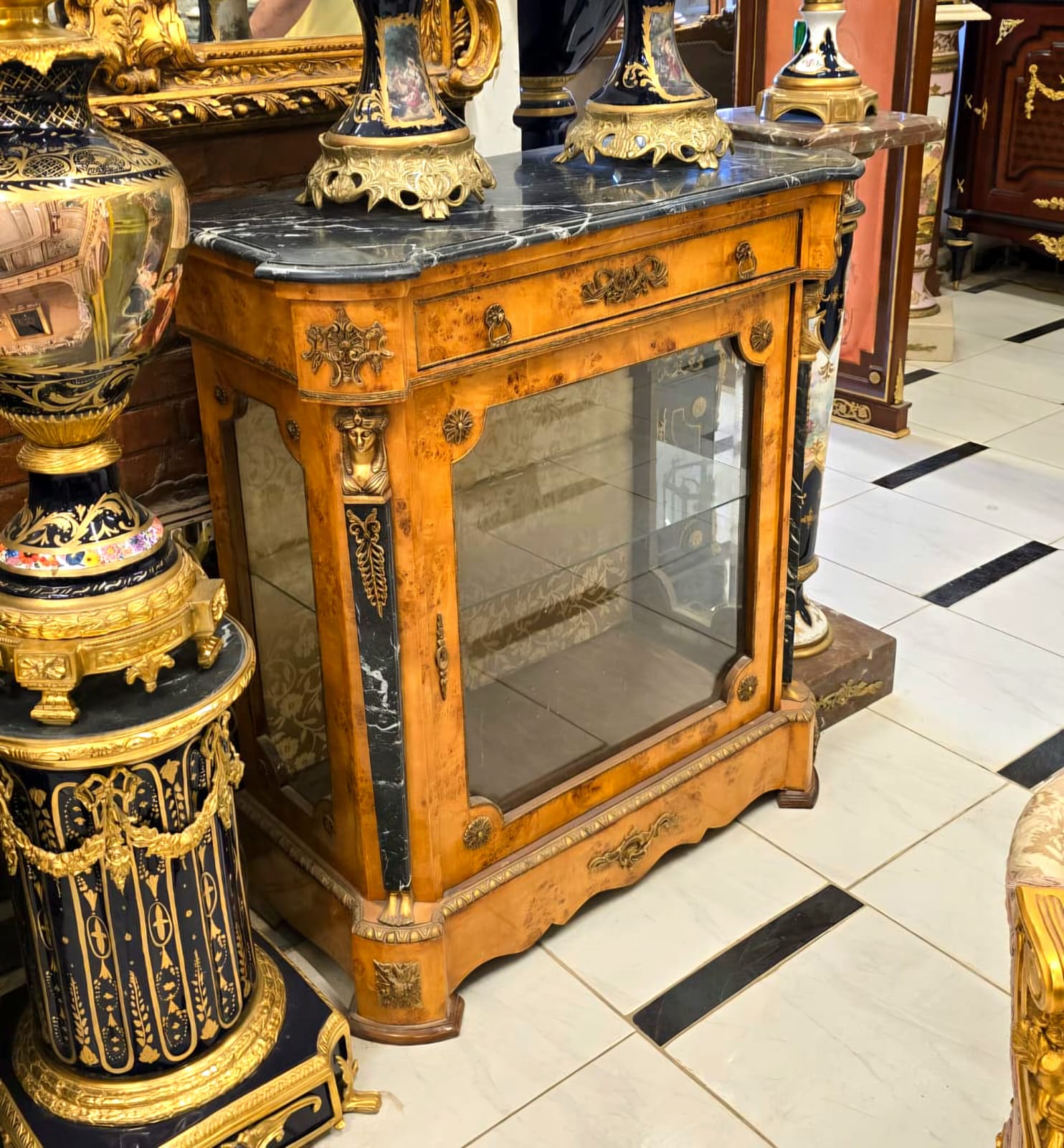 French Louis XVI Marble Top Display Commode Cabinet with Glass Door, Bronze Mounts & Gold Leaf Accents