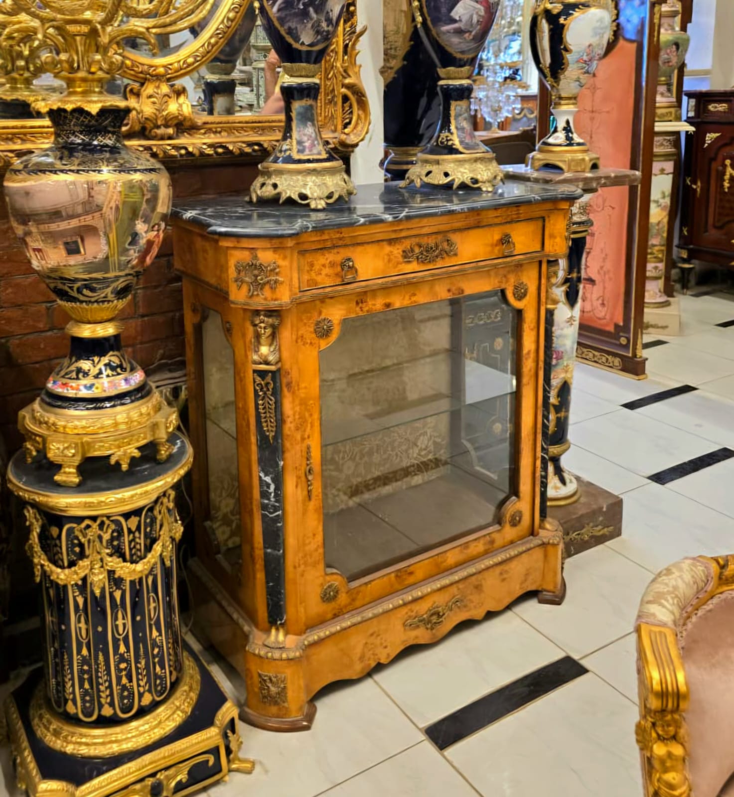 French Louis XVI Marble Top Display Commode Cabinet with Glass Door, Bronze Mounts & Gold Leaf Accents