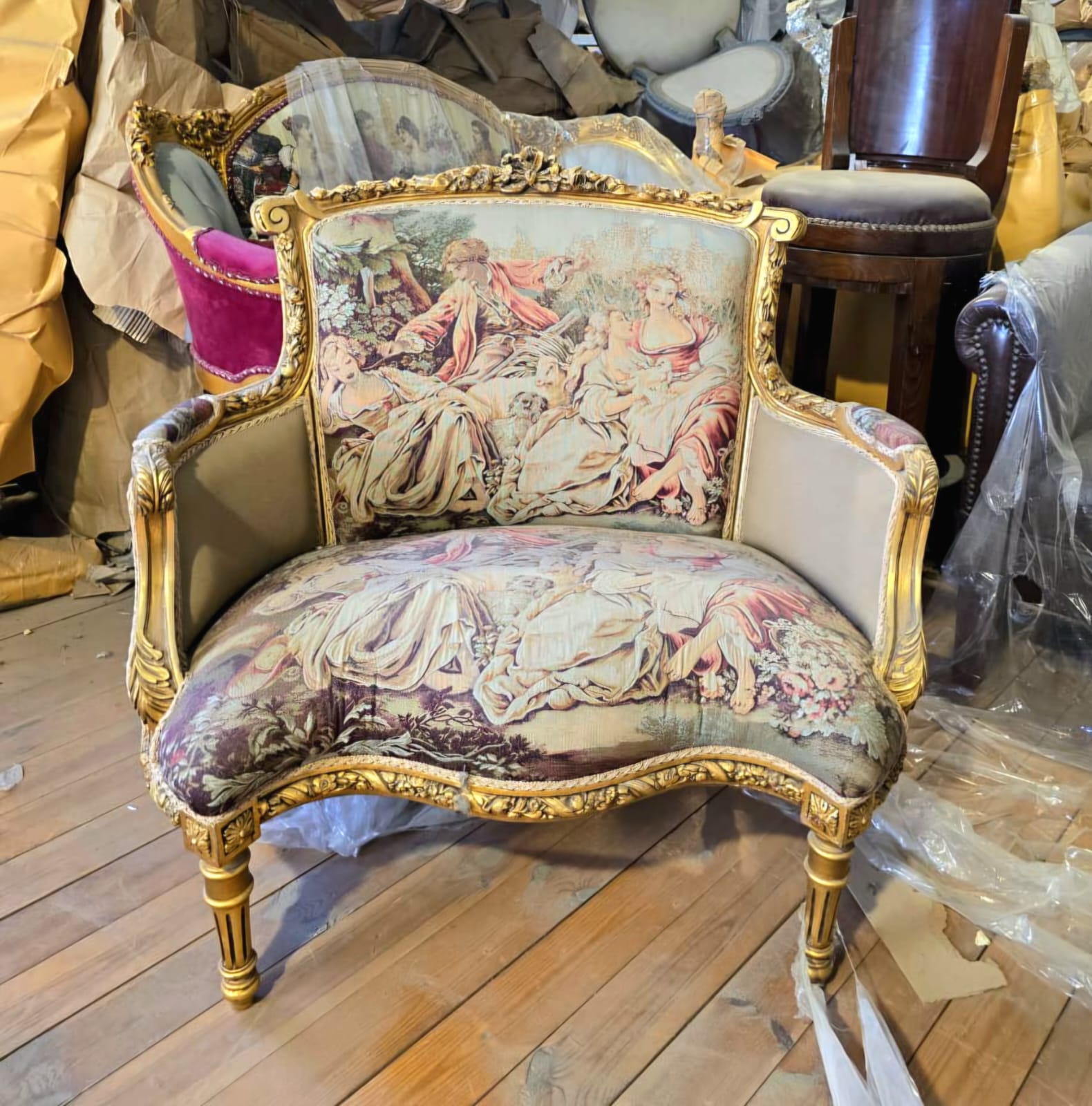 French Louis XV Accent Armchair with Romantic Tapestry Upholstery & Gold Leaf Frame