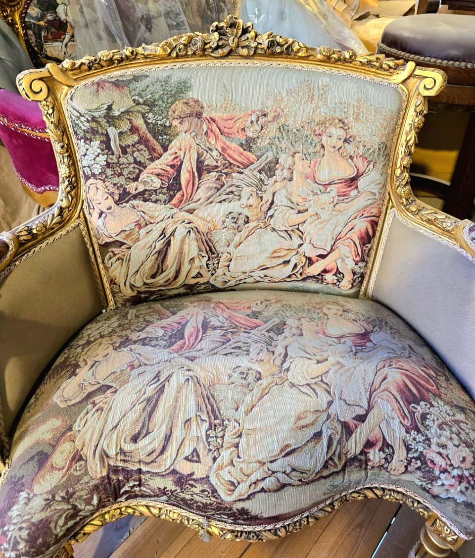 French Louis XV Accent Armchair with Romantic Tapestry Upholstery & Gold Leaf Frame