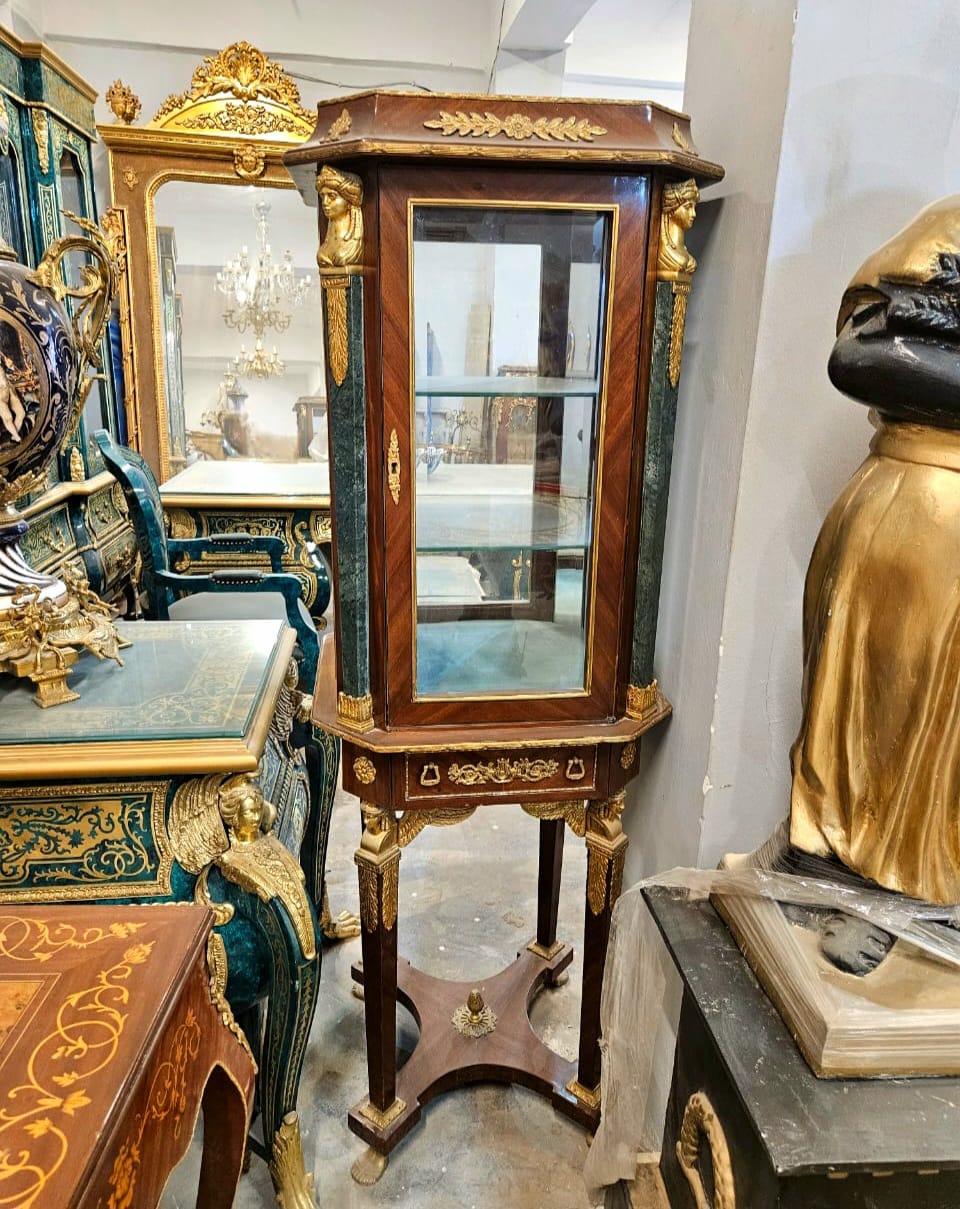 French Empire Curio Display Cabinet with Glass Shelves, Bronze Figures & Gold Leaf Accents