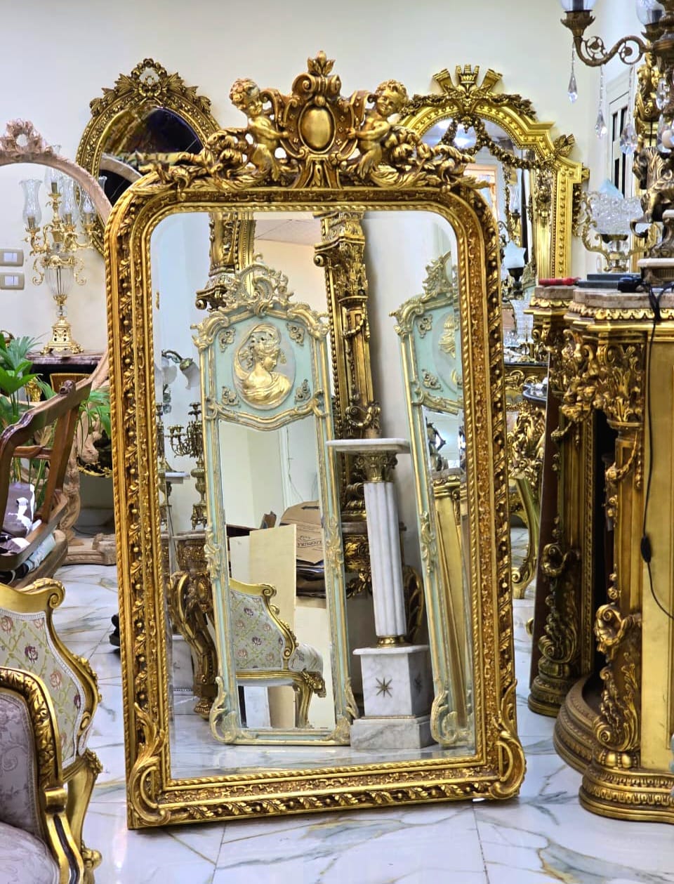 Grand French Rococo Gilt Mirror with Cherub Crest & Ornate Gold Leaf Frame