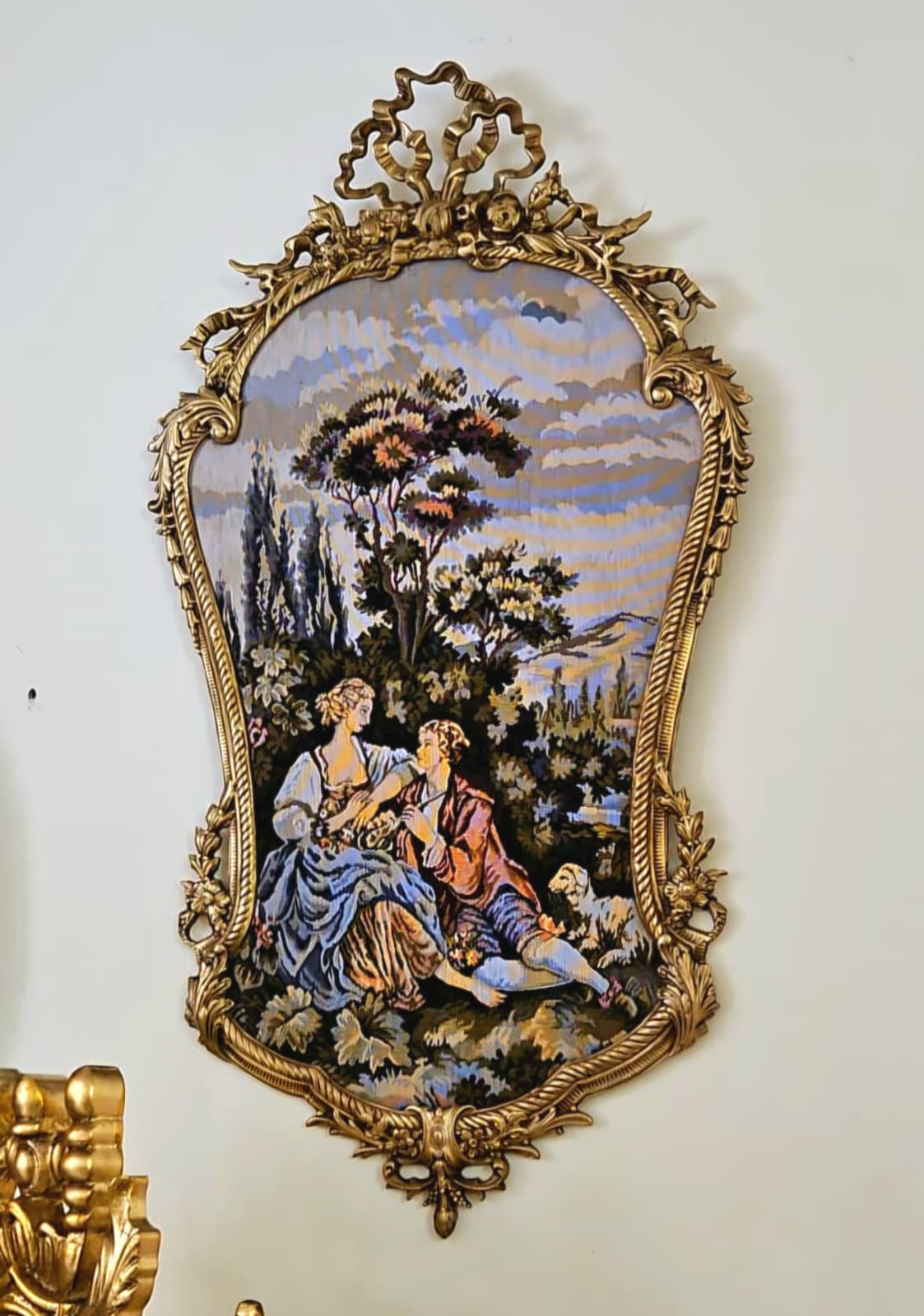 French Romantic Tapestry Wall Art with Ornate Gold Leaf Frame – Pastoral Love Scene
