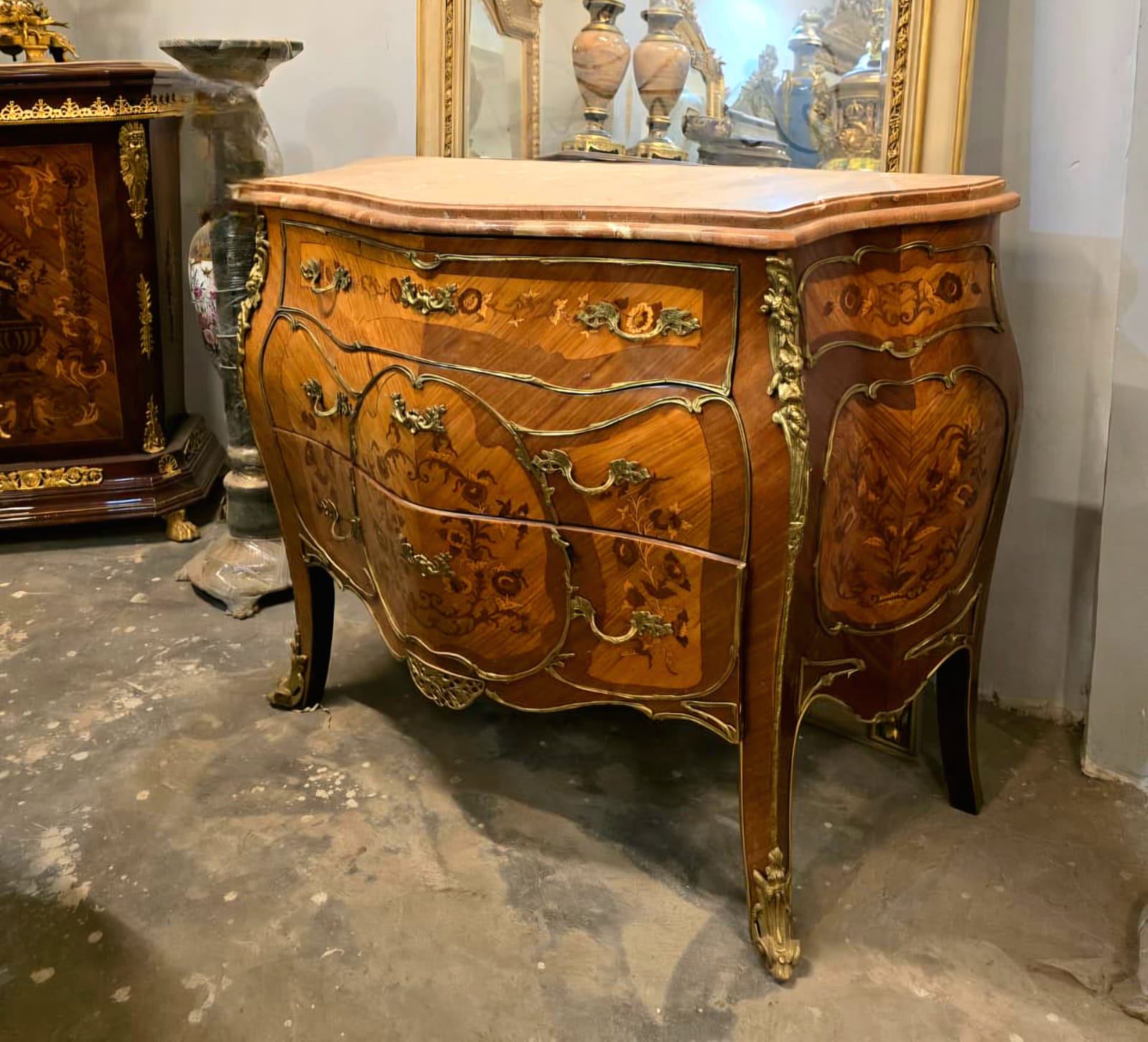 French Louis XV Marble Top Commode with Exquisite Marquetry & Bronze Ormolu