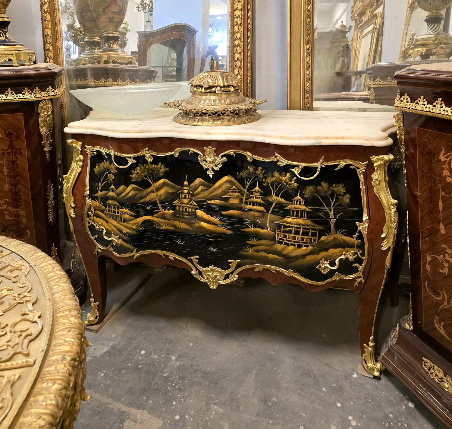 Grand French Chinoiserie Bombe Commode with Marble Top, Hand-Painted Landscape & Gold Leaf Accents