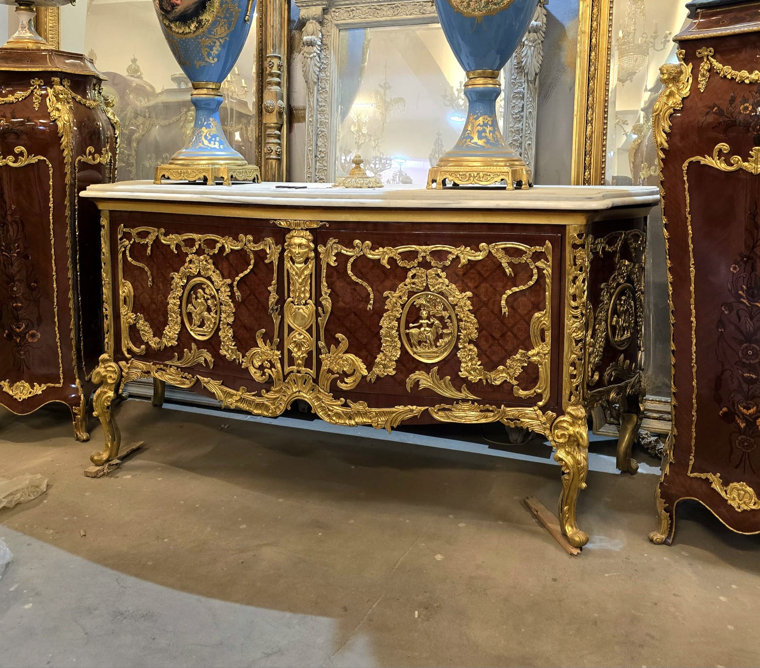 Grand French Louis XV Sideboard Buffet with Marble Top, Gold Leaf & Bronze Ormolu Accents