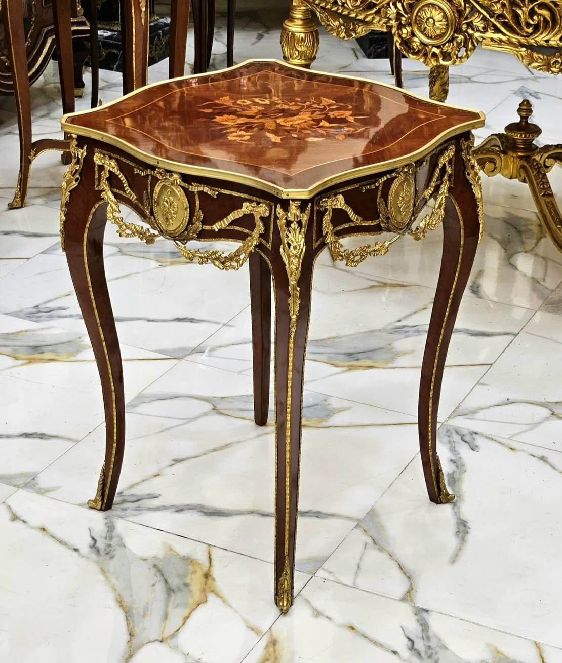 Louis XV Inspired Side Table with Fine Marquetry & Gold Leaf Accents