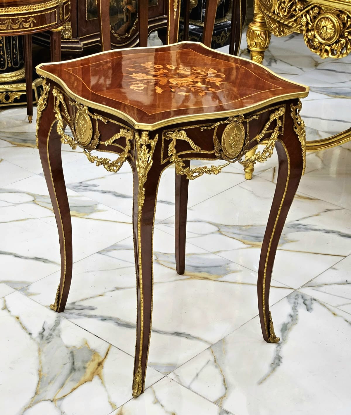 Louis XV Inspired Side Table with Fine Marquetry & Gold Leaf Accents