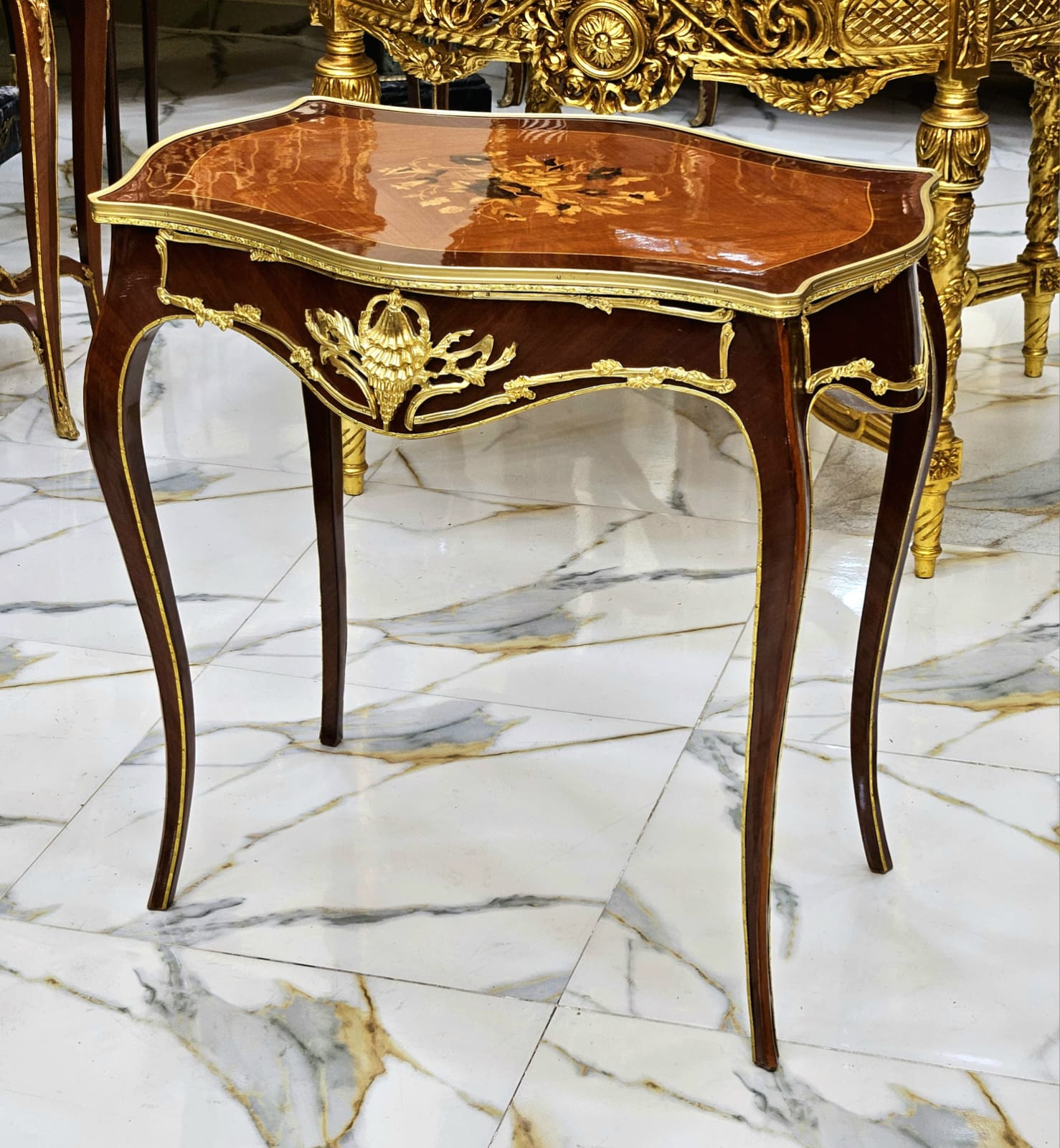 Italian Louis XV Floral Marquetry Side Table with Gold Leaf Accents & Elegant Cabriole Legs