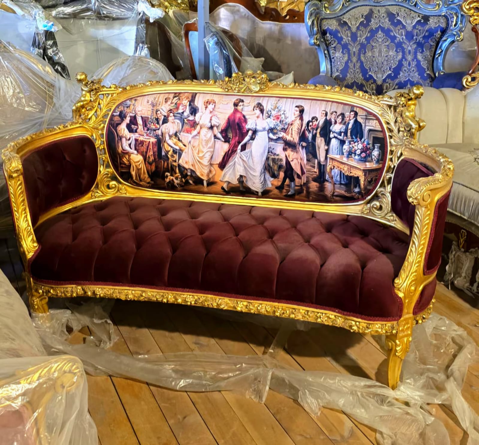 Grand French Louis XV Burgundy Velvet Sofa with Romantic Ballroom Tapestry & Hand-Gilded Frame