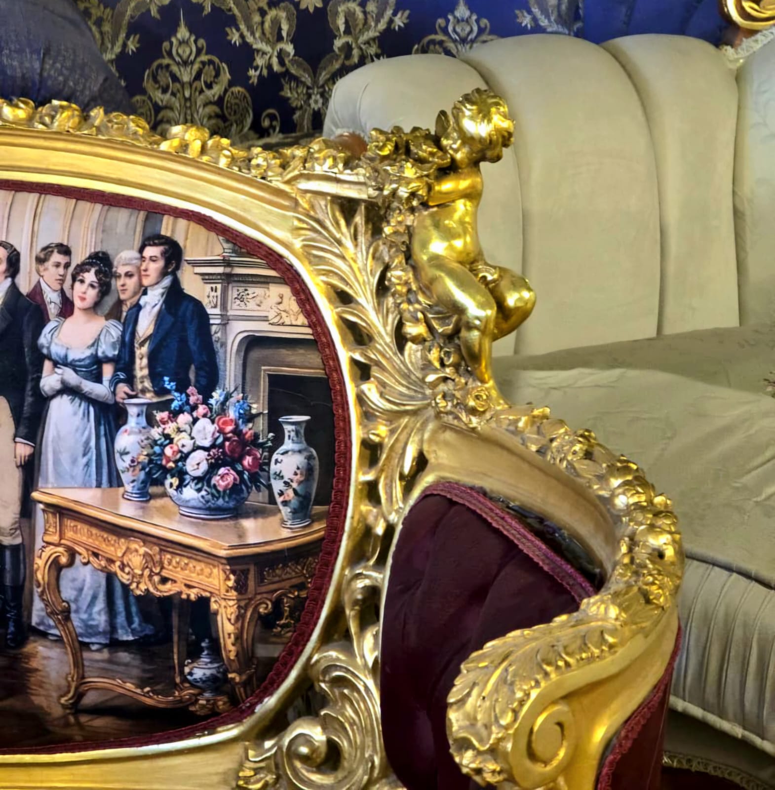Grand French Louis XV Burgundy Velvet Sofa with Romantic Ballroom Tapestry & Hand-Gilded Frame