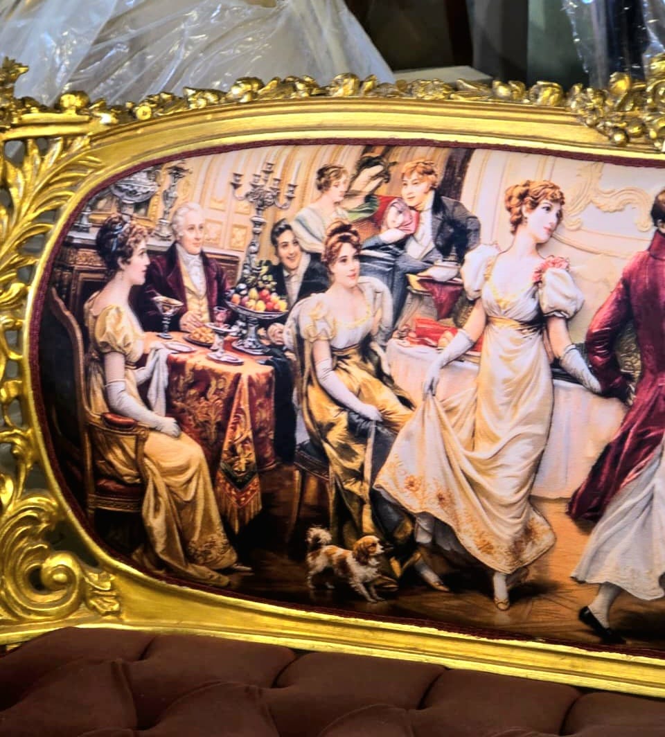 Grand French Louis XV Burgundy Velvet Sofa with Romantic Ballroom Tapestry & Hand-Gilded Frame