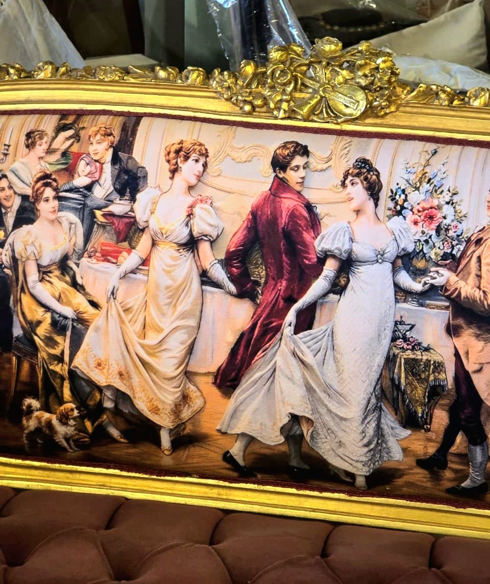 Grand French Louis XV Burgundy Velvet Sofa with Romantic Ballroom Tapestry & Hand-Gilded Frame