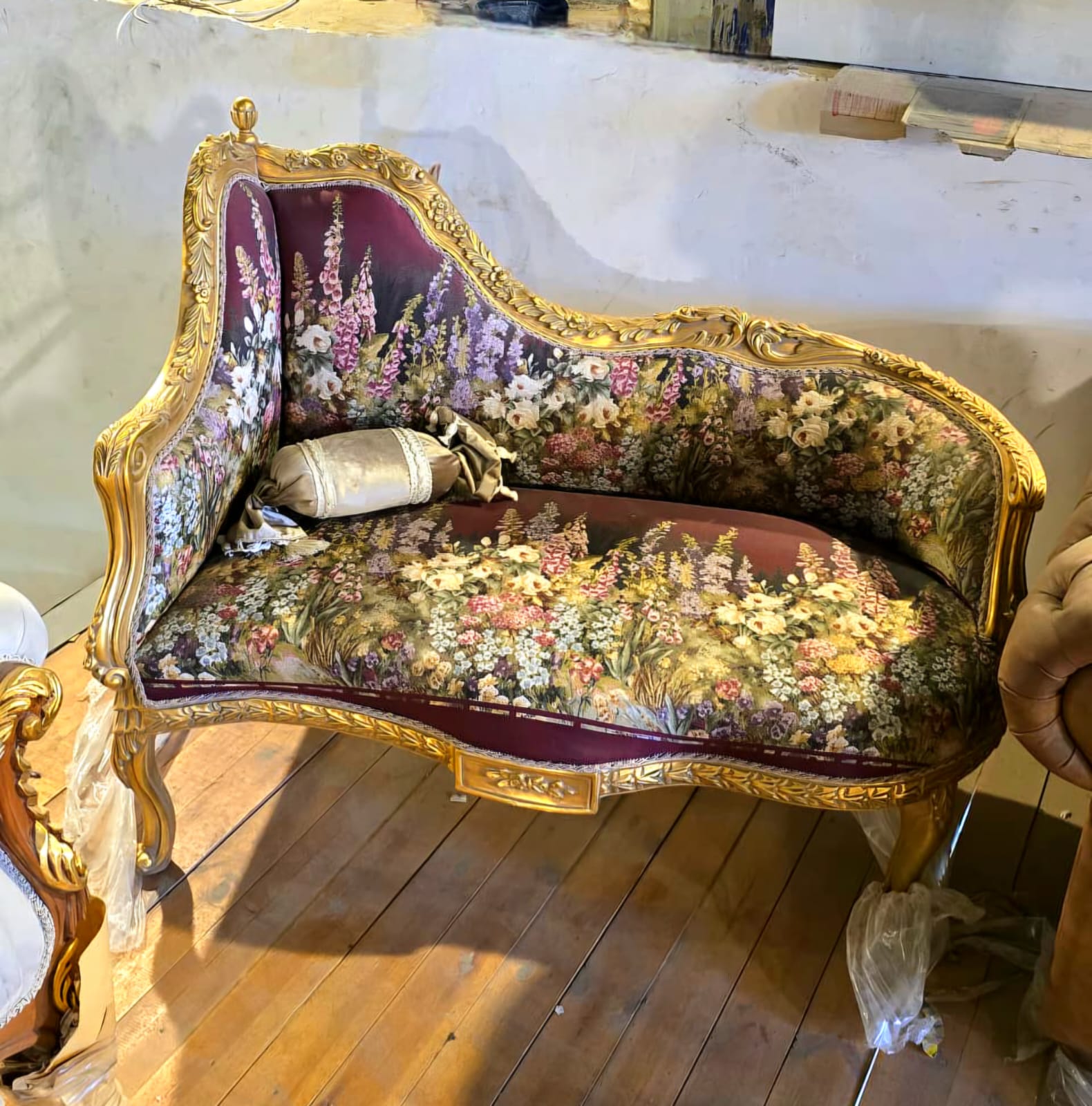 French Louis XV Loveseat Settee with Floral Garden Upholstery & Hand-Gilded Gold Leaf Frame