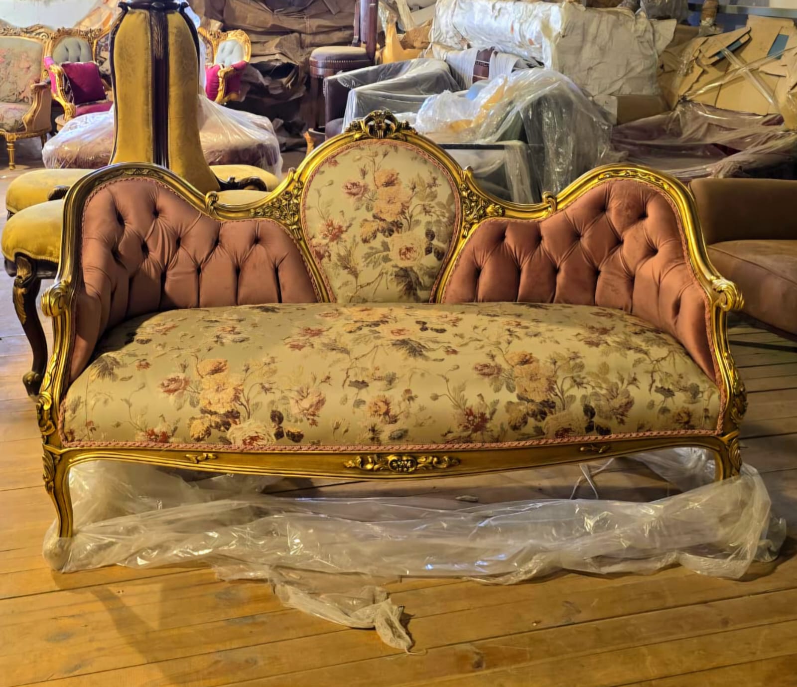 Grand French Louis XV Sofa with Blush Velvet, Floral Damask Upholstery & Hand-Gilded Gold Leaf Frame