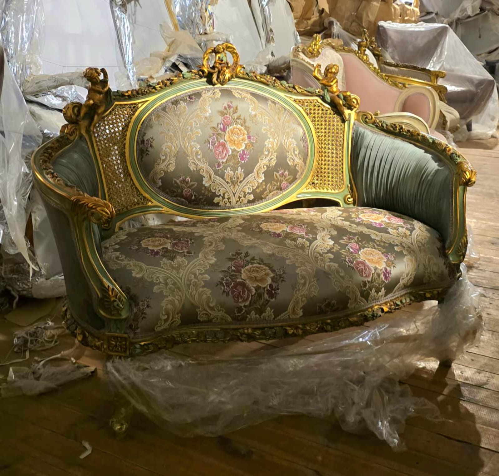French Louis XV Romantic Loveseat with Floral Damask Upholstery, Sage Green Velvet Panels, Cherubs & Hand-Gilded Gold Leaf Frame