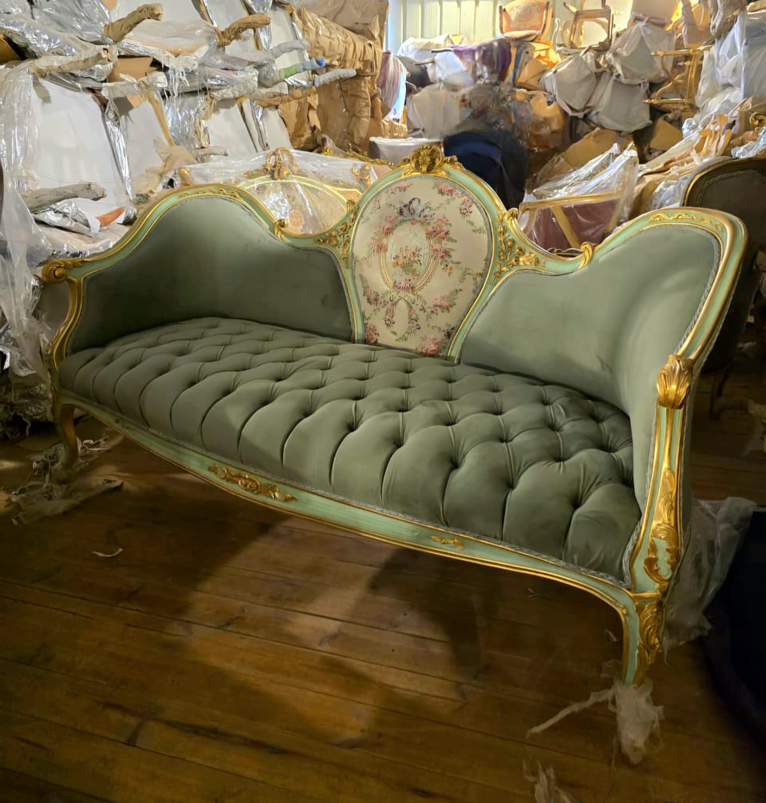 French Louis XV Three-Seat Velvet Sofa with Floral Damask Medallion & Hand-Gilded Frame