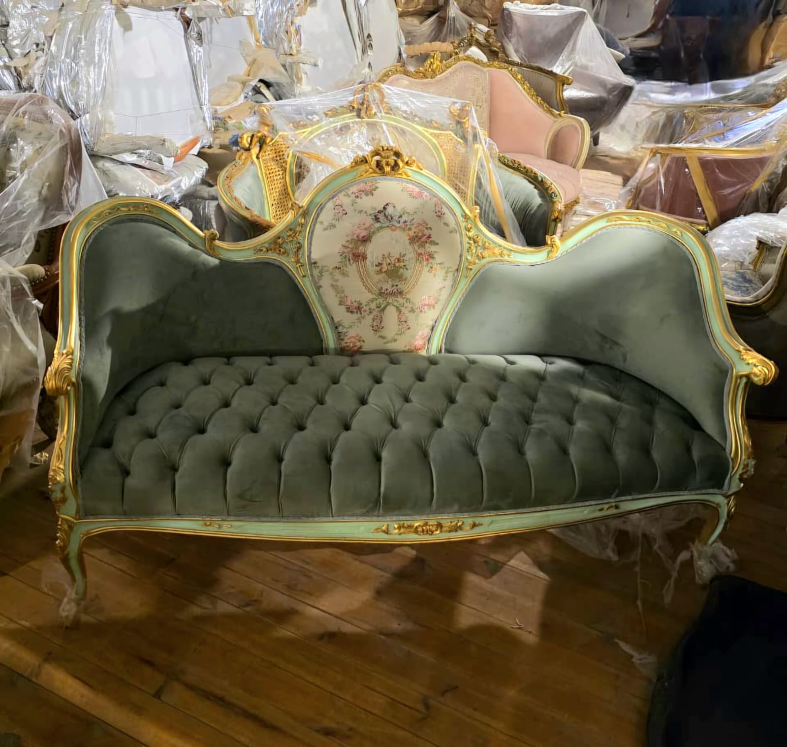 French Louis XV Three-Seat Velvet Sofa with Floral Damask Medallion & Hand-Gilded Frame