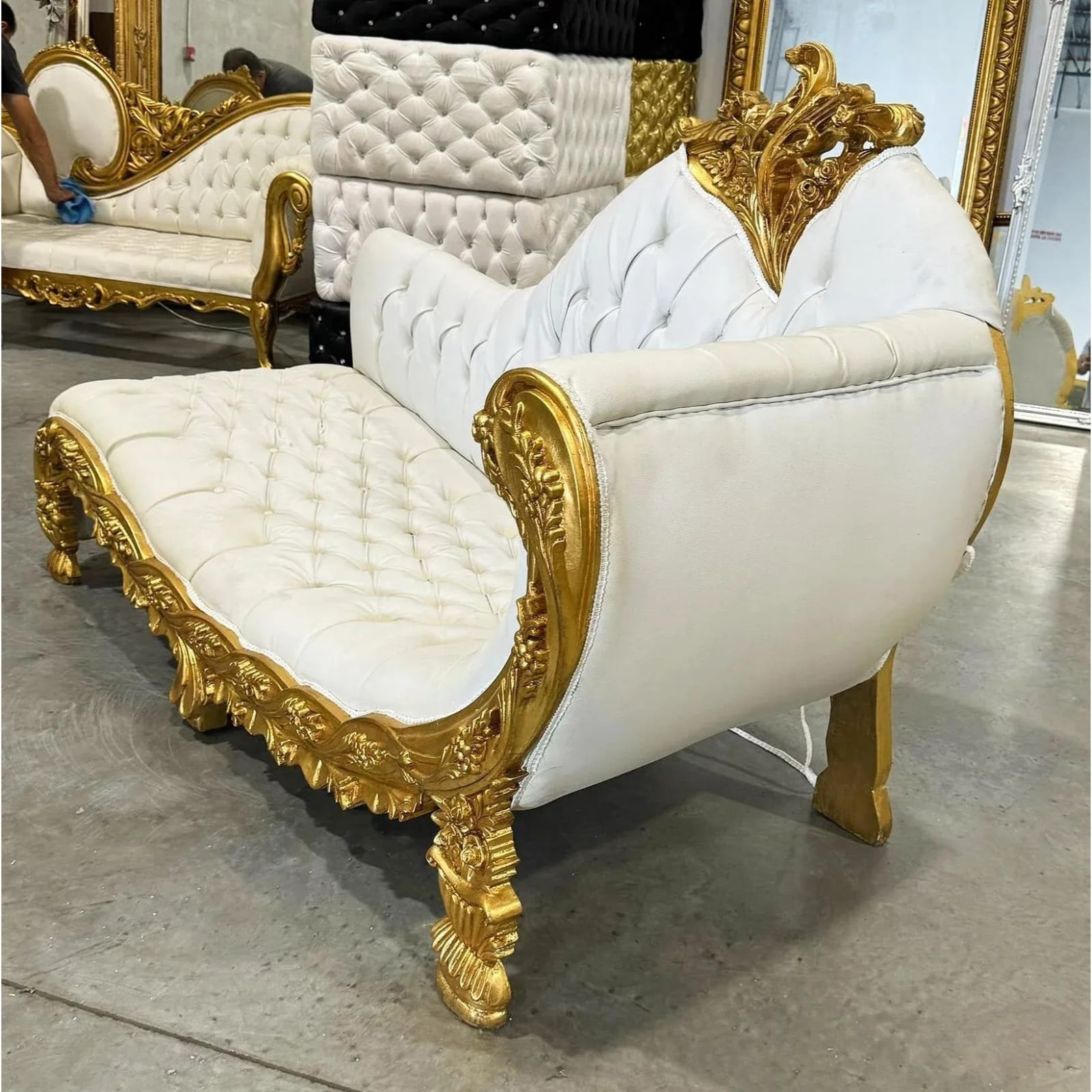 French Louis XV Tufted Chaise Lounge in White Leather with Hand-Gilded Gold Leaf Frame – Special Sale