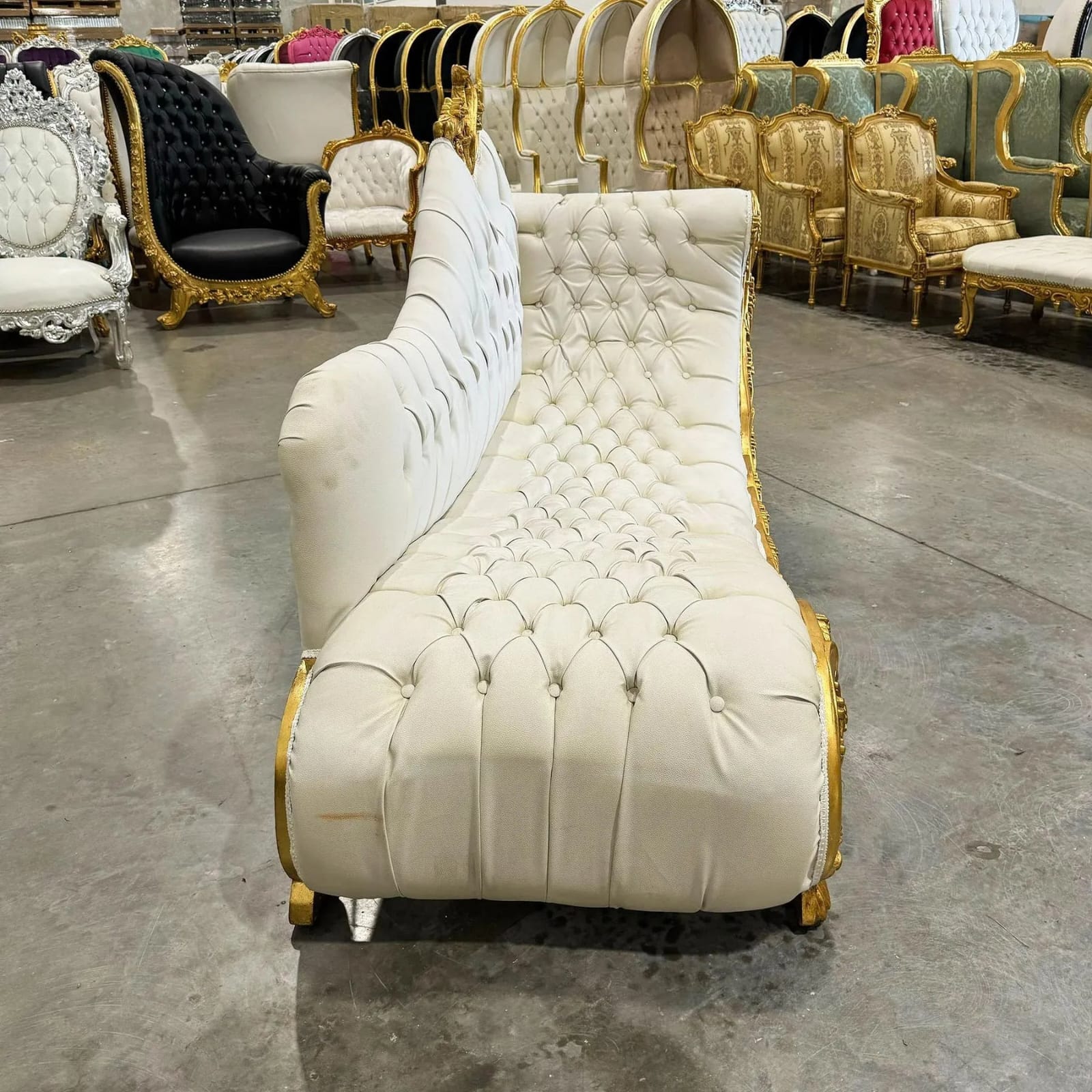 French Louis XV Tufted Chaise Lounge in White Leather with Hand-Gilded Gold Leaf Frame – Special Sale