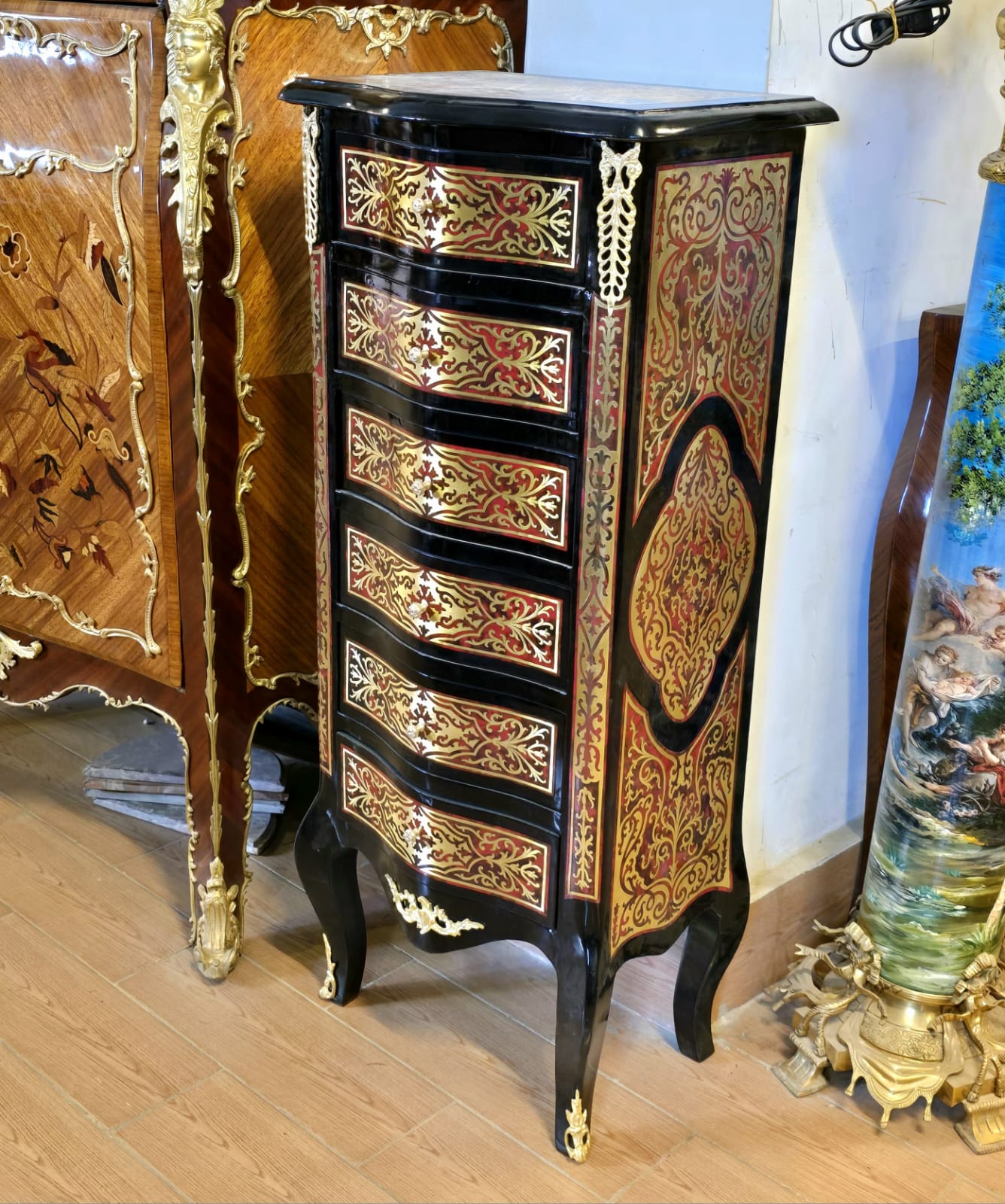 French Boulle Lingerie Chest with Six Drawers, Black Lacquer Finish, Brass Inlay & Marble Top