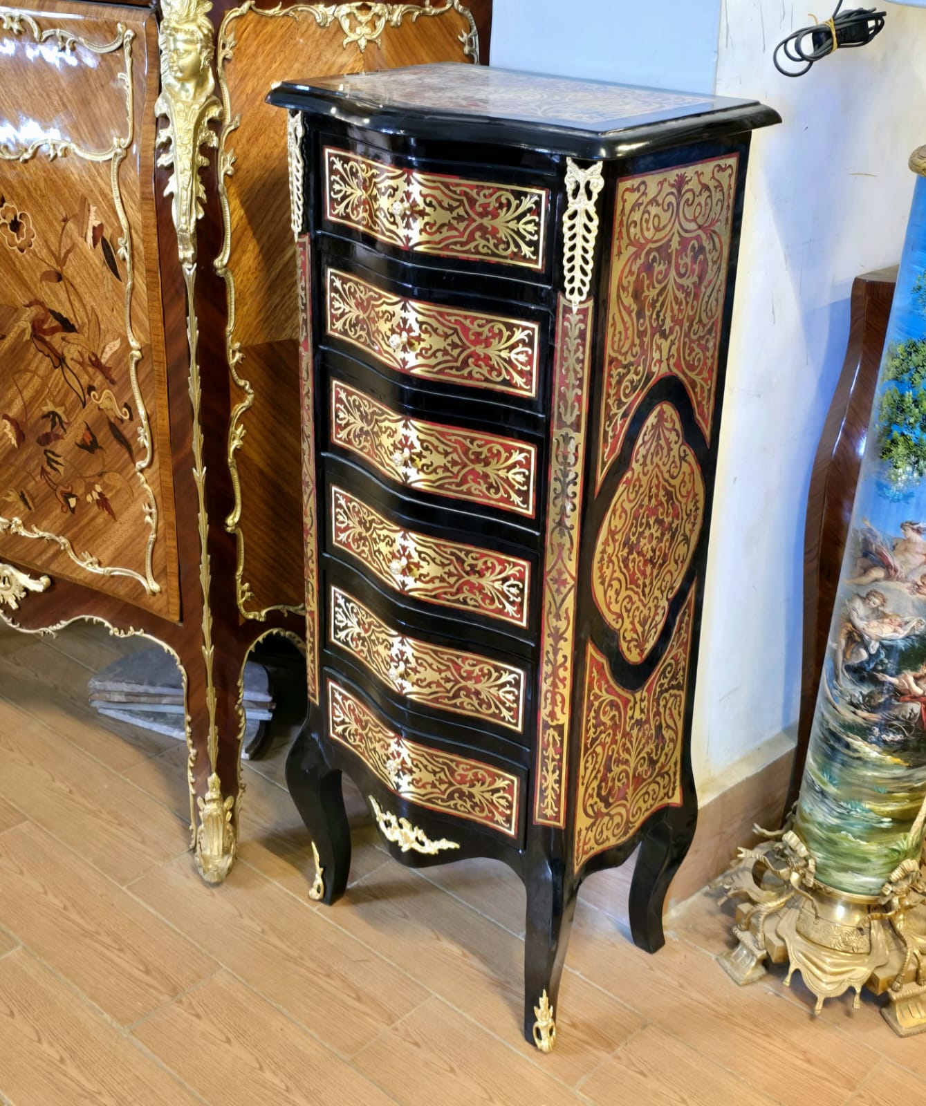 French Boulle Lingerie Chest with Six Drawers, Black Lacquer Finish, Brass Inlay & Marble Top