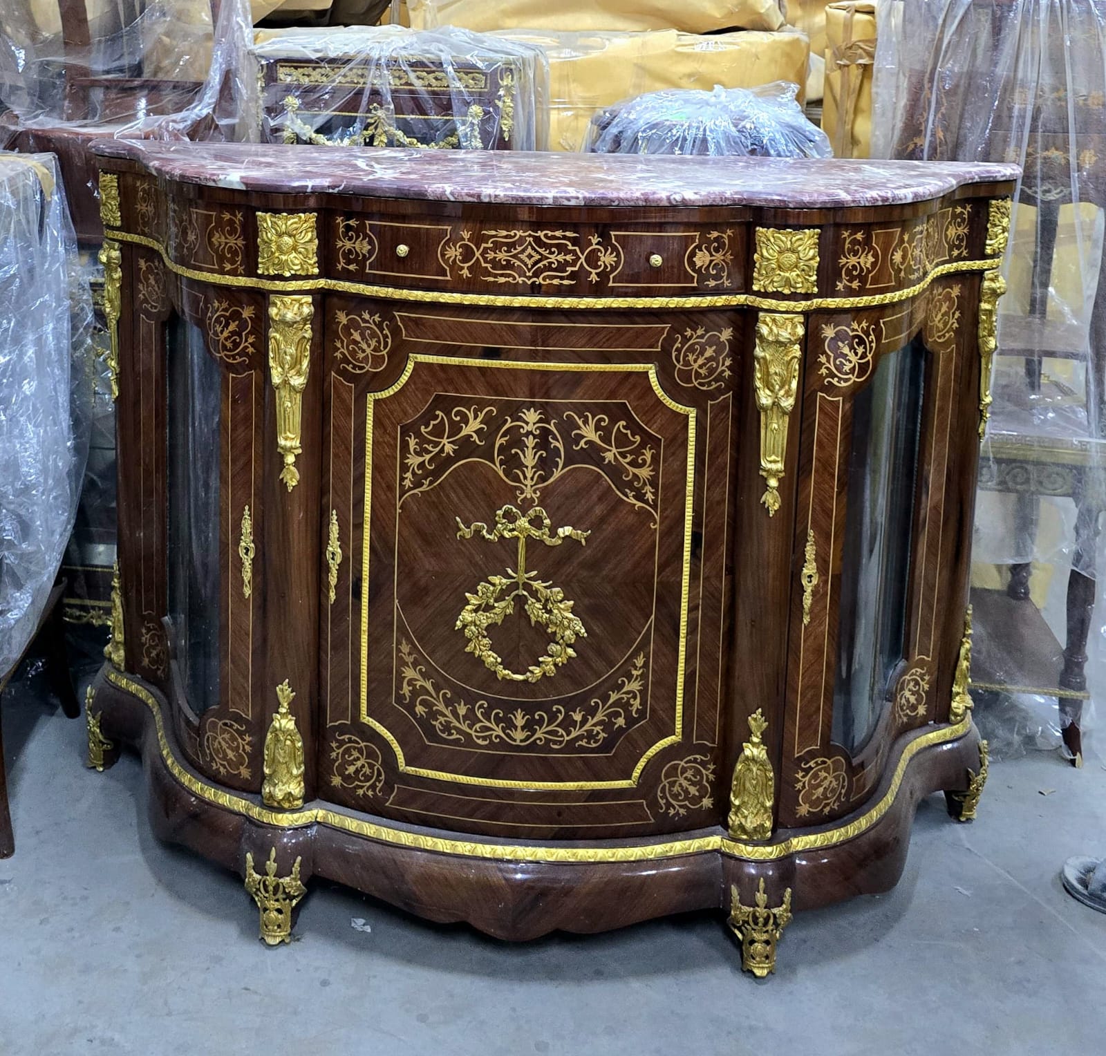 Grand French Louis XVI Curio Cabinet with Marble Top, Glass Side Panels & Hand-Gilded Details