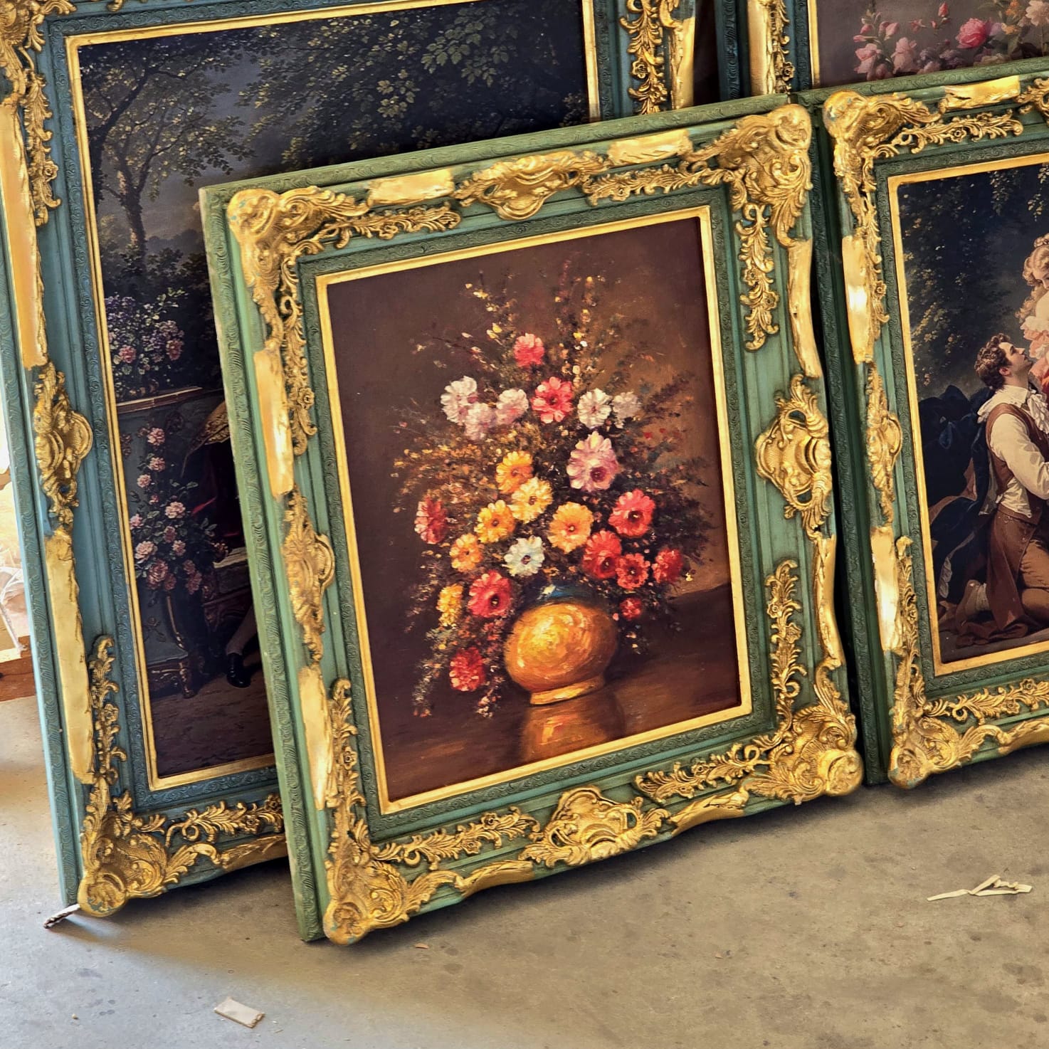 French Rococo Floral Still Life Wall Art with Hand-Gilded Gold Leaf Frame in Sage Green Finish