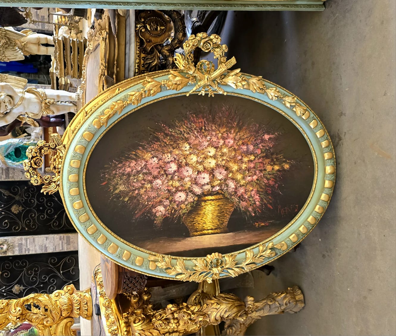 French Louis XVI Oval Floral Wall Art with Hand-Gilded Gold Leaf Frame – 39.4" x 47.2"