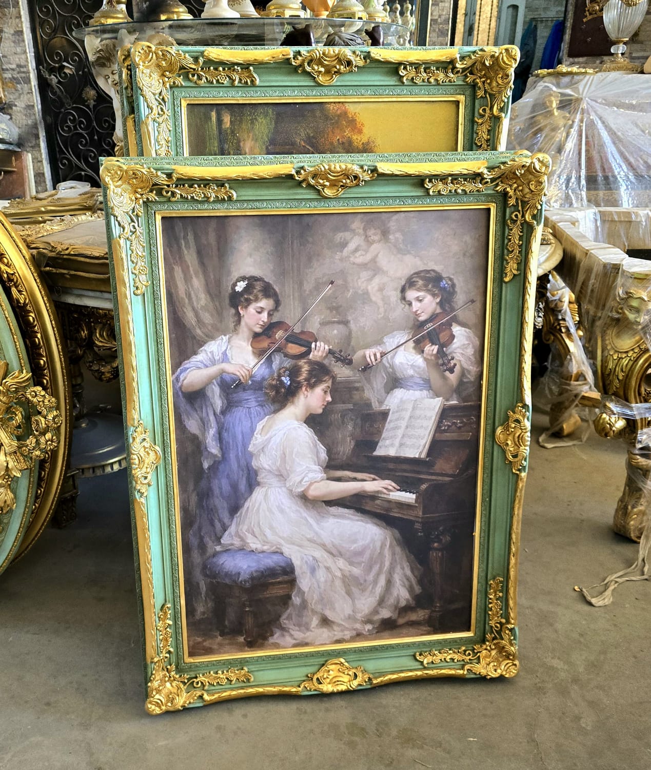 French Rococo Romantic Music Scene Wall Art with Hand-Gilded Gold Leaf Frame in Sage Green Finish