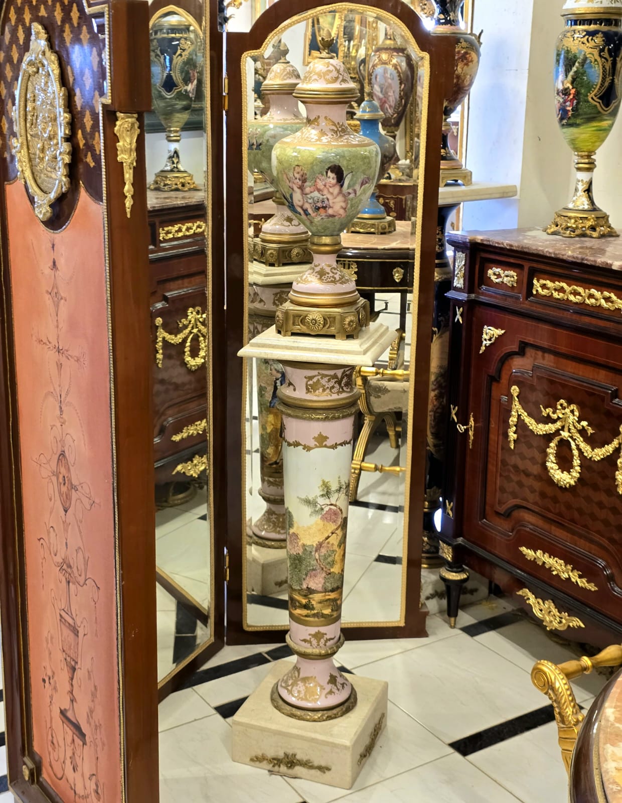 Luxury French Sèvres Porcelain Vase & Pedestal Set with Hand-Painted Cherubs, Bronze Mounts & Marble Base