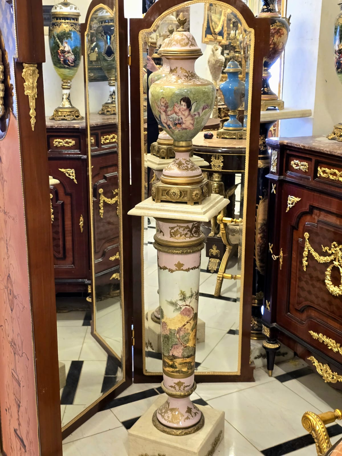 Luxury French Sèvres Porcelain Vase & Pedestal Set with Hand-Painted Cherubs, Bronze Mounts & Marble Base