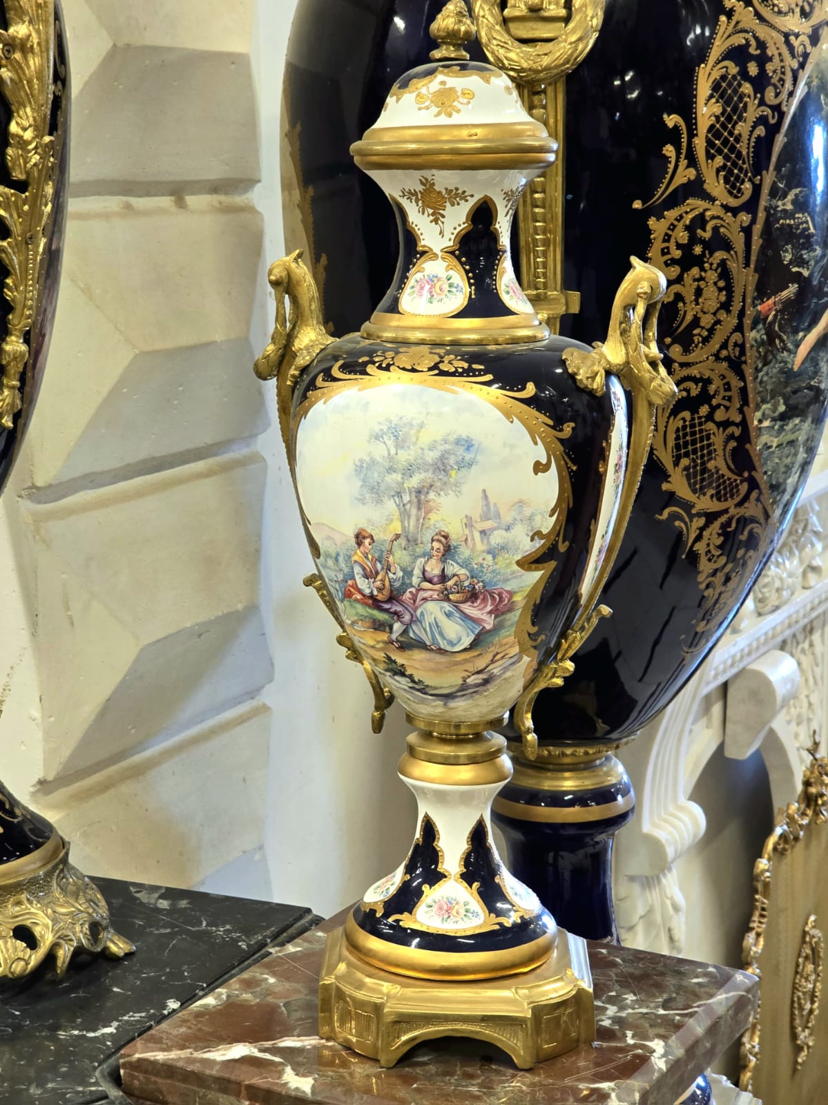 Luxury French Sevres Porcelain Vase & Pedestal Set with Hand-Painted Romantic Scenes, Bronze Mounts & Marble Bases