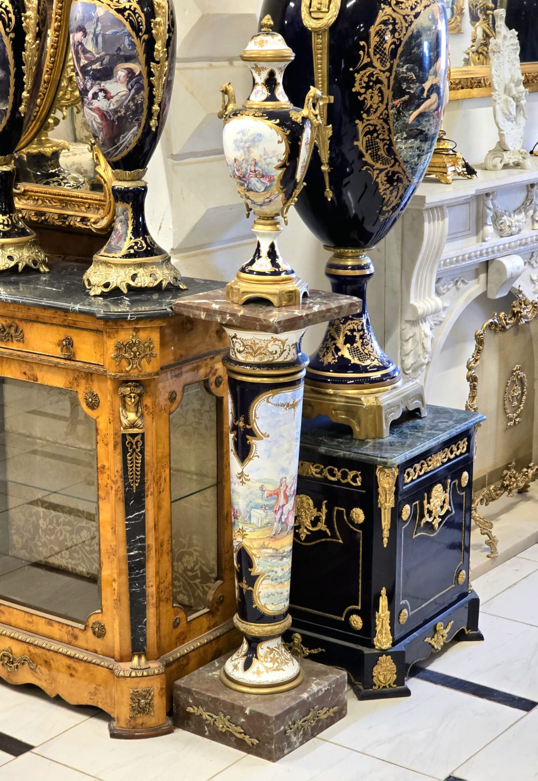 Luxury French Sevres Porcelain Vase & Pedestal Set with Hand-Painted Romantic Scenes, Bronze Mounts & Marble Bases