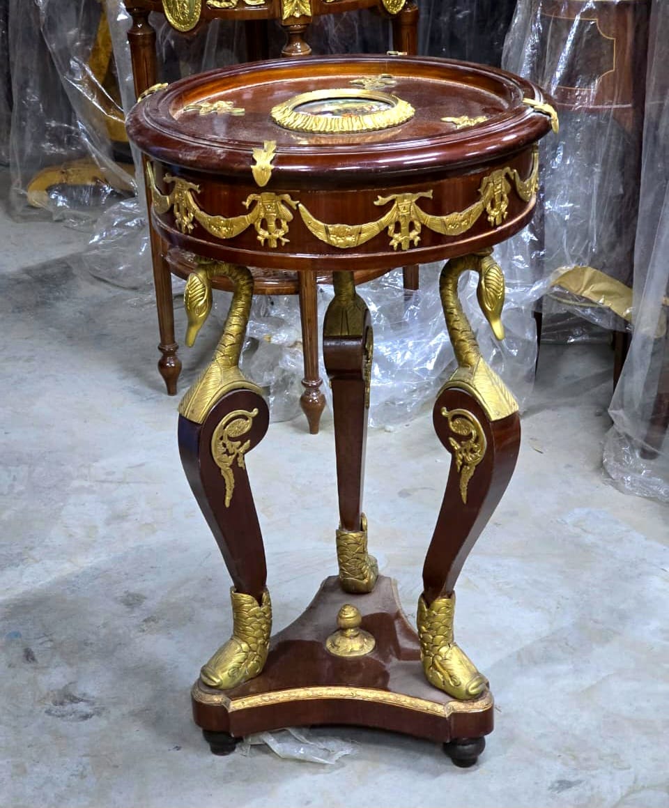 French Empire Round Side Table with Hand-Carved Gold Leaf Accents & Classical Bronze Mounts