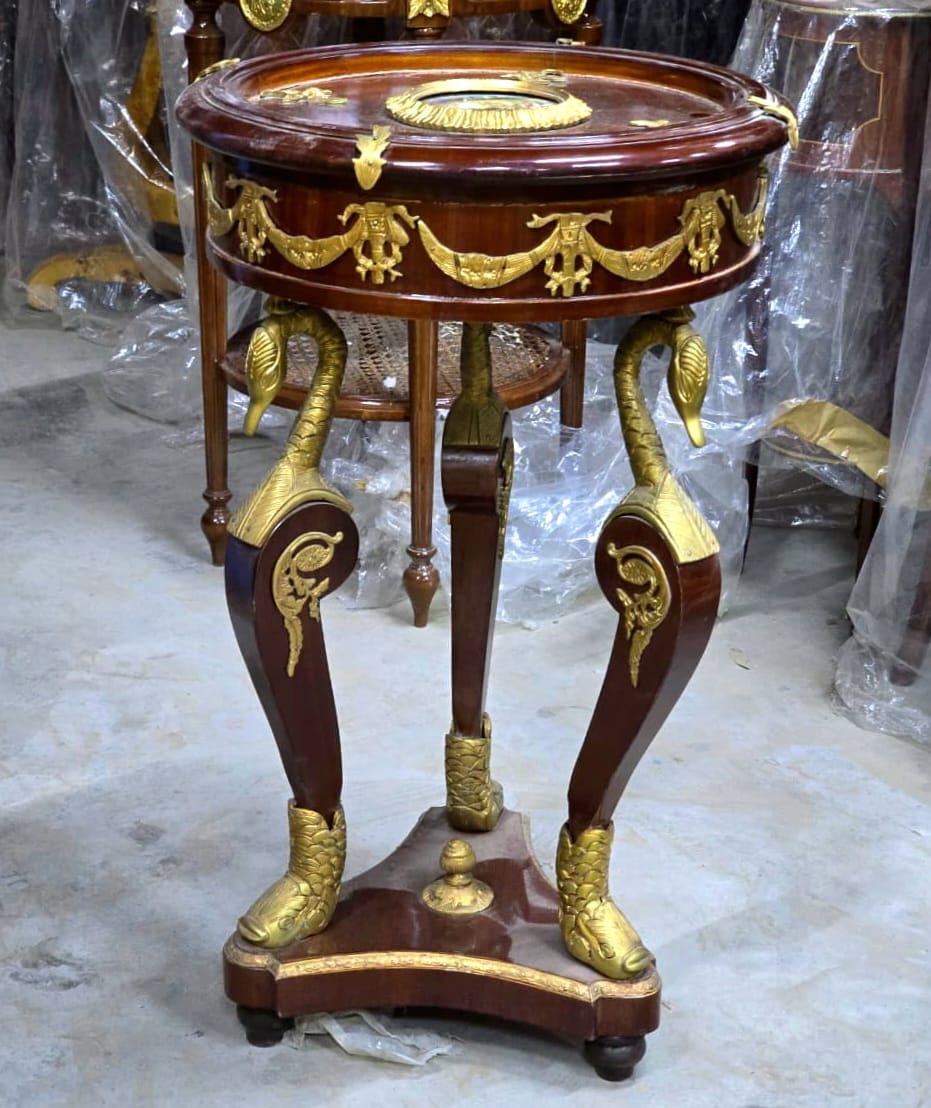 French Empire Round Side Table with Hand-Carved Gold Leaf Accents & Classical Bronze Mounts