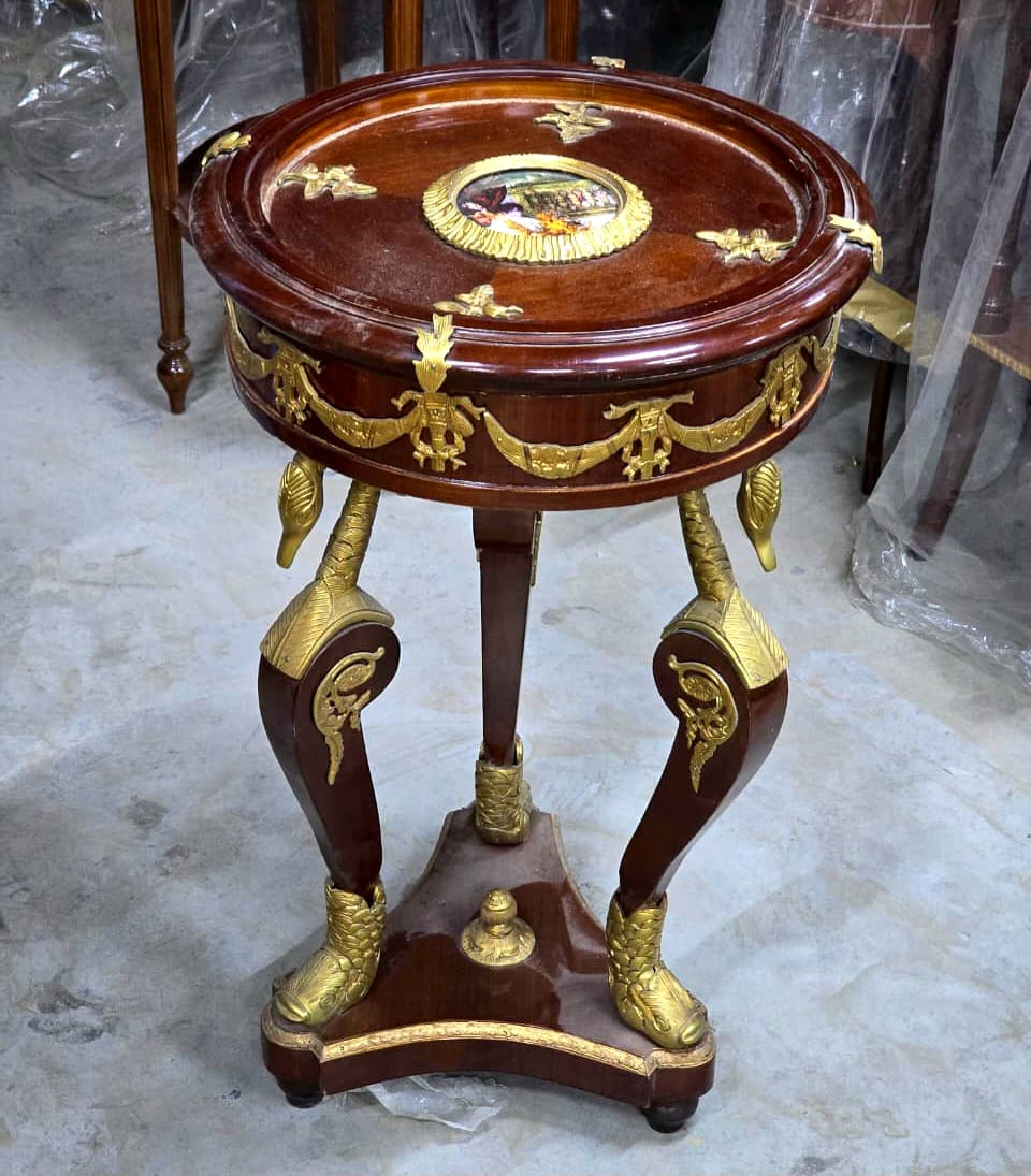 French Empire Round Side Table with Hand-Carved Gold Leaf Accents & Classical Bronze Mounts