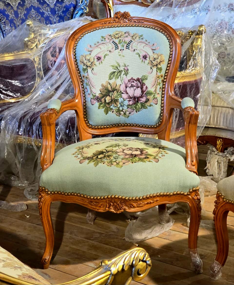 French Louis XV Accent Chair with Aqua Floral Upholstery & Hand-Carved Solid Wood Frame