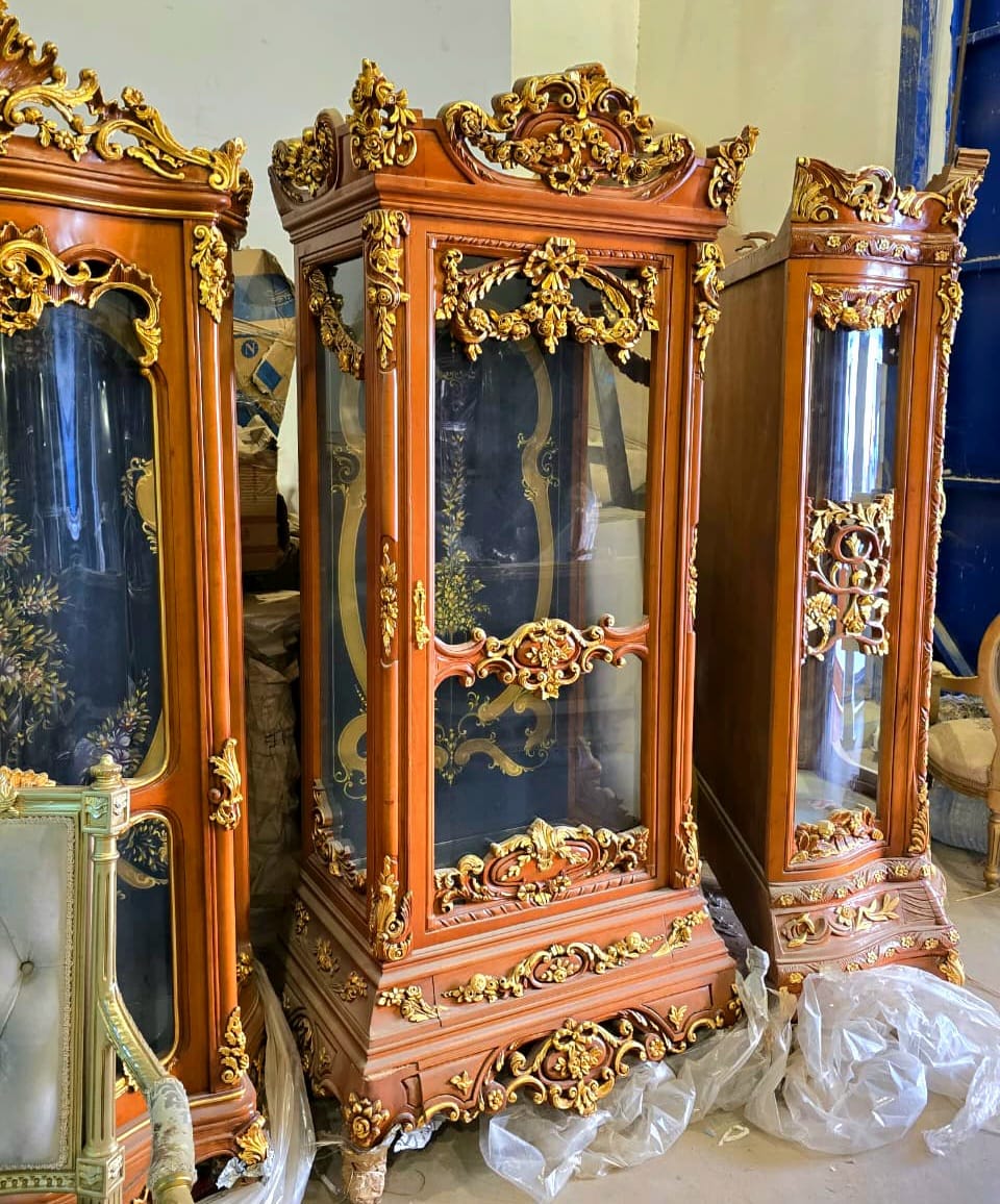 Grand French Louis XV Display Cabinet with Hand-Carved Gold Leaf Details & Upholstered Interior