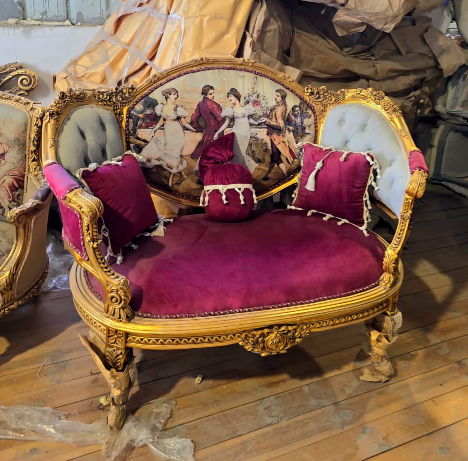 French Victorian Velvet Loveseat with Romantic Ballroom Tapestry & Hand-Gilded Gold Leaf Frame