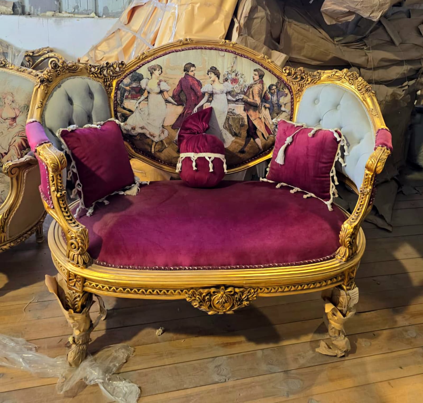 French Victorian Velvet Loveseat with Romantic Ballroom Tapestry & Hand-Gilded Gold Leaf Frame