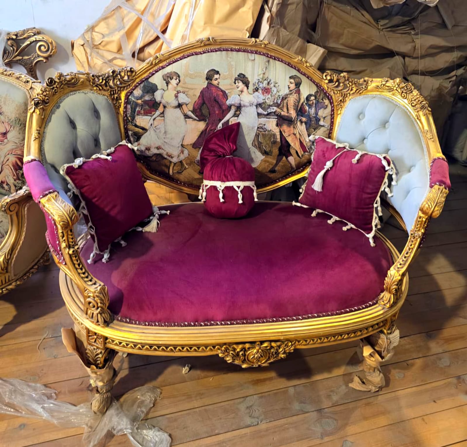 French Victorian Velvet Loveseat with Romantic Ballroom Tapestry & Hand-Gilded Gold Leaf Frame